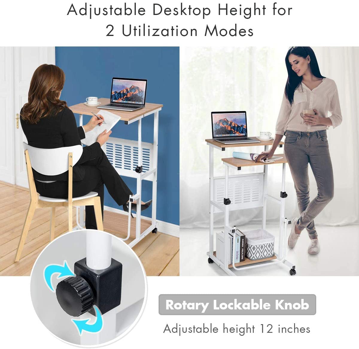 LUARANE Adjustable Height Rolling Standing Desk with 4 Wheels & Footrest - Mobile Home Office Workstation for Small Spaces, Bedroom Study, and Laptop Use | Perfect for Remote Work, Gaming Setup & Compact Living Areas