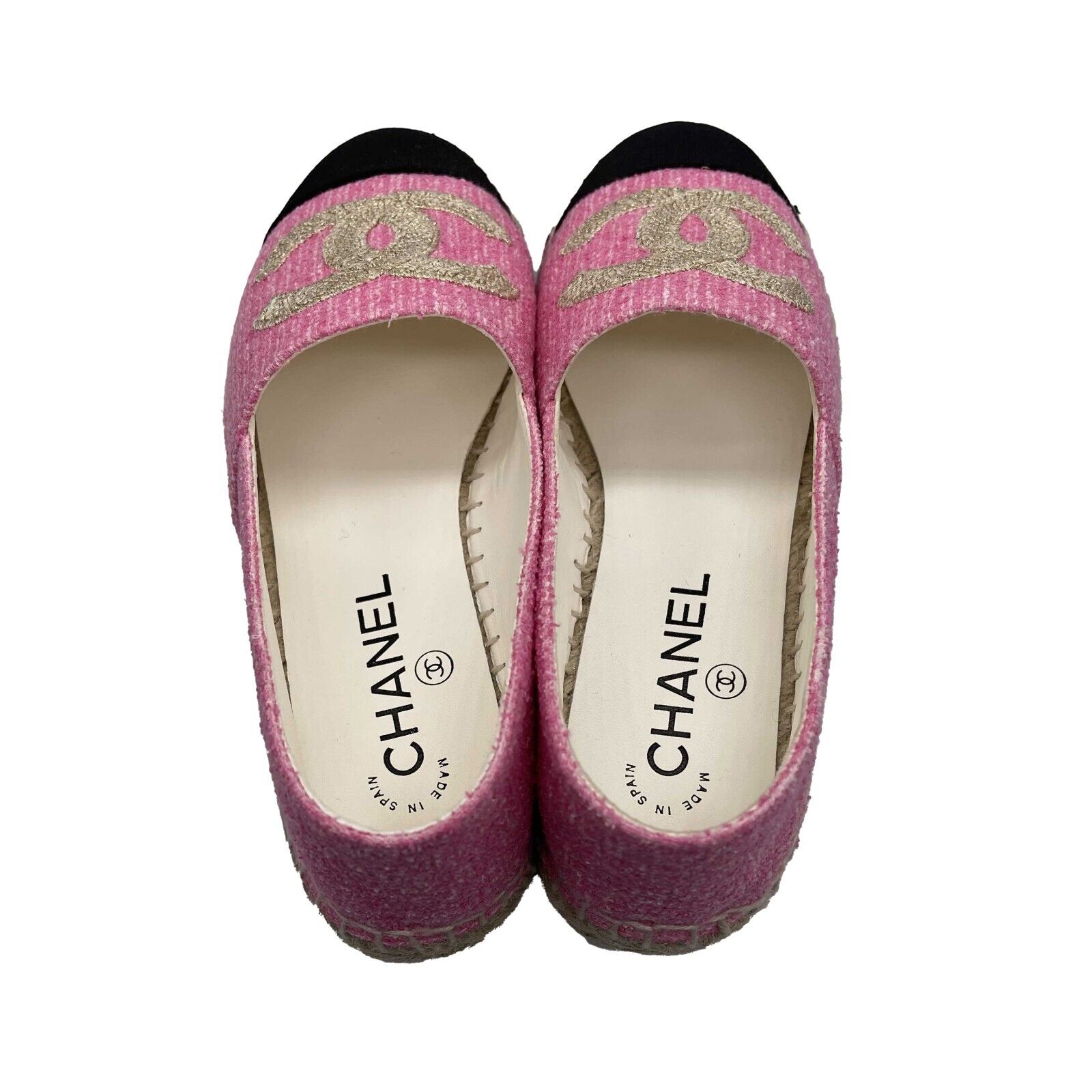 Chanel 23C New in Box Tweed Grosgrain CC Pink Gold & Black Espadrilles - Size 37 (US 7) | Luxury Women's Flats for Parties, Weddings & Summer Outfits