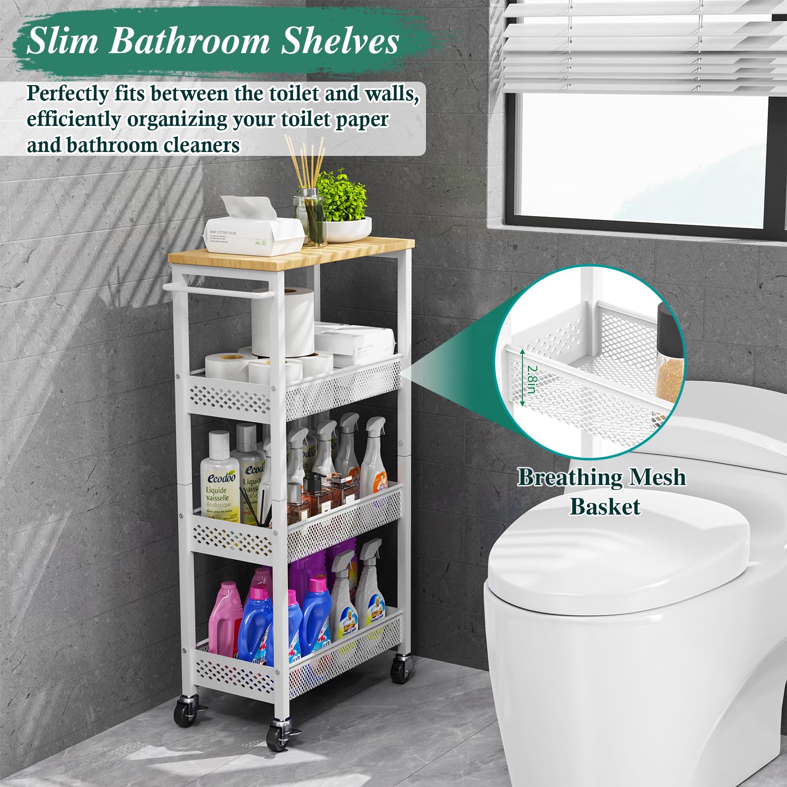 4-Tier Slim Rolling Storage Cart with Wheels - Narrow Metal Bathroom & Kitchen Organizer with Wood Top - Space-Saving Utility Cart for Laundry Room, Small Spaces - Perfect for Bathroom Essentials, Kitchen Supplies & Home Organization