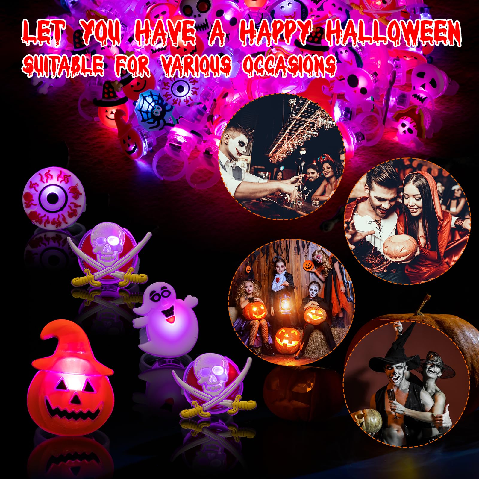 300 Pcs Halloween LED Light Up Rings - Glow in The Dark Party Favors, Trick or Treat Bag Fillers, Bulk Halloween Toys for Kids, Halloween Party Supplies & Decorations - Perfect for Trick or Treating, Haunted House Parties & Halloween Events