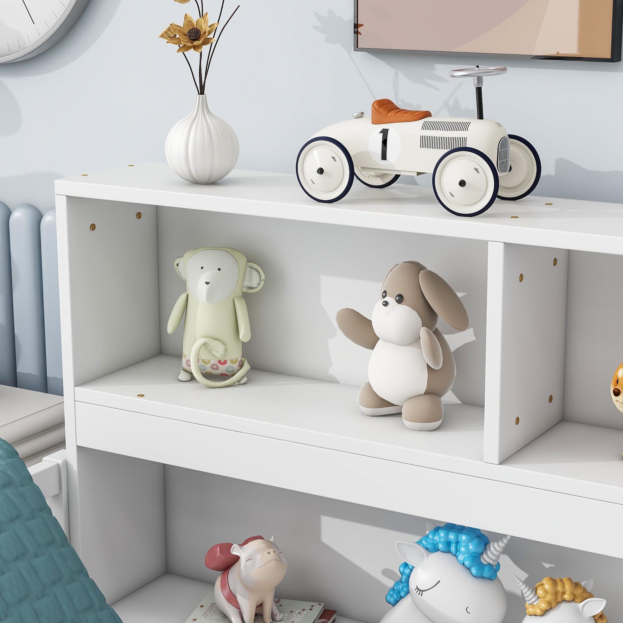 Full Size Floor Bed with Bedside Bookcase & Shelves - Multifunctional Wooden Platform Bed with Guardrails & Storage Headboard - Low Profile Kids & Teens Bed (White) - Perfect for Small Rooms, Dormitories & Cozy Bedrooms