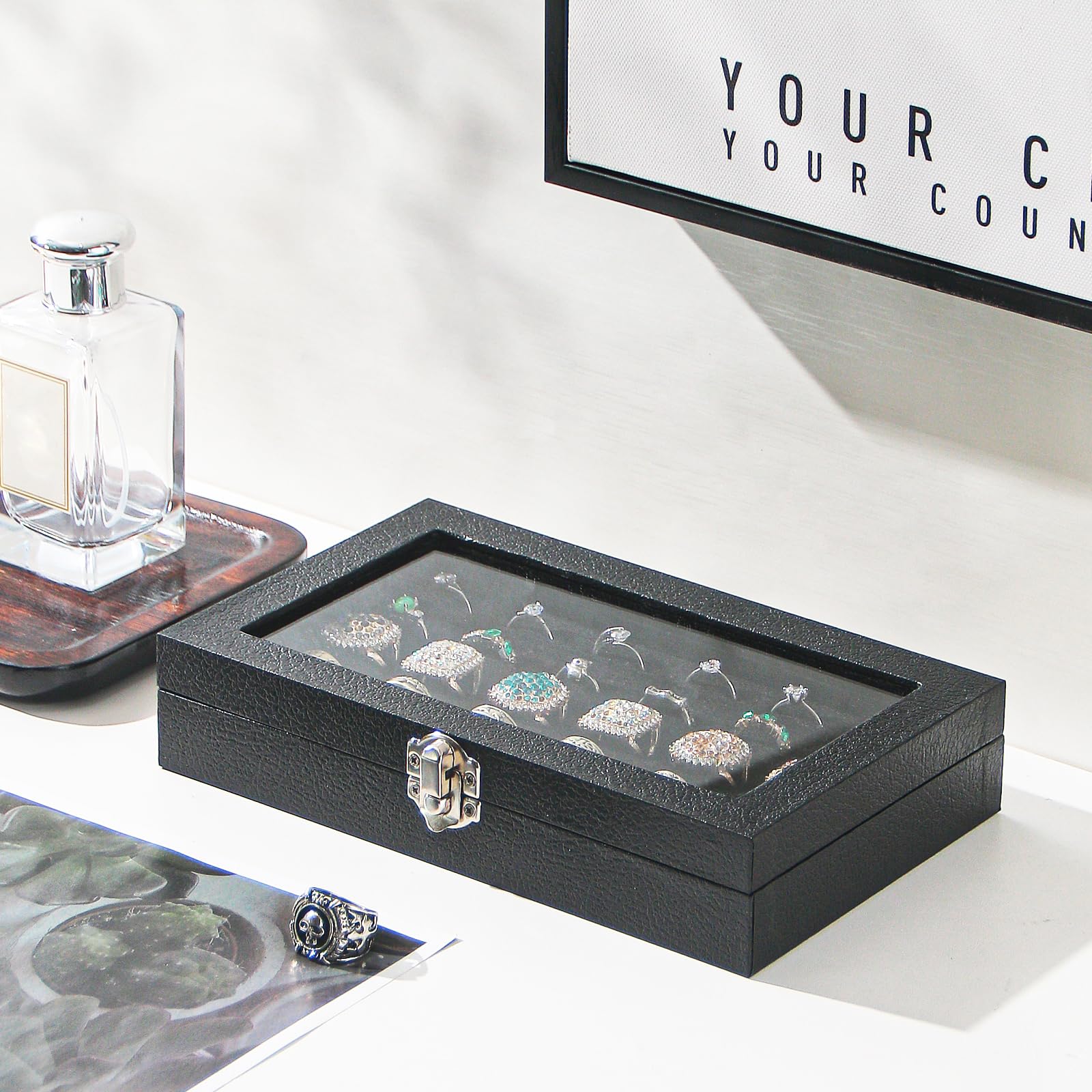 **Elegant Black Ring Organizer Box with 30 Slots - Jewelry & Cufflinks Storage Case for Travel - Perfect Gift for Women & Girls - Ideal for Home, Office & Travel Accessories**