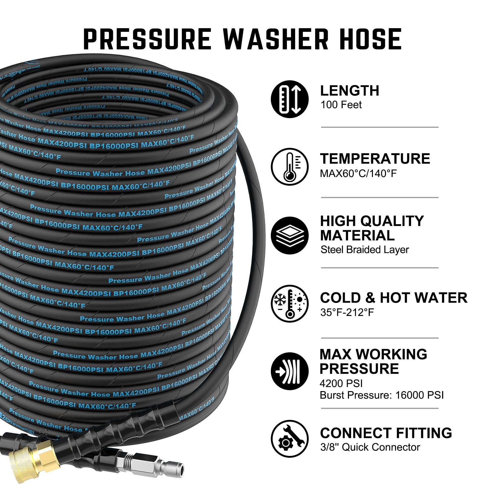 **100 Ft High Pressure Washer Hose - 3/8'' Quick Connect, 4200PSI Kink Resistant with M22-14mm Adapter - Heavy Duty Wire Braided for Hot & Cold Water - Perfect for Car Washing, Home Cleaning & Outdoor Power Washing**