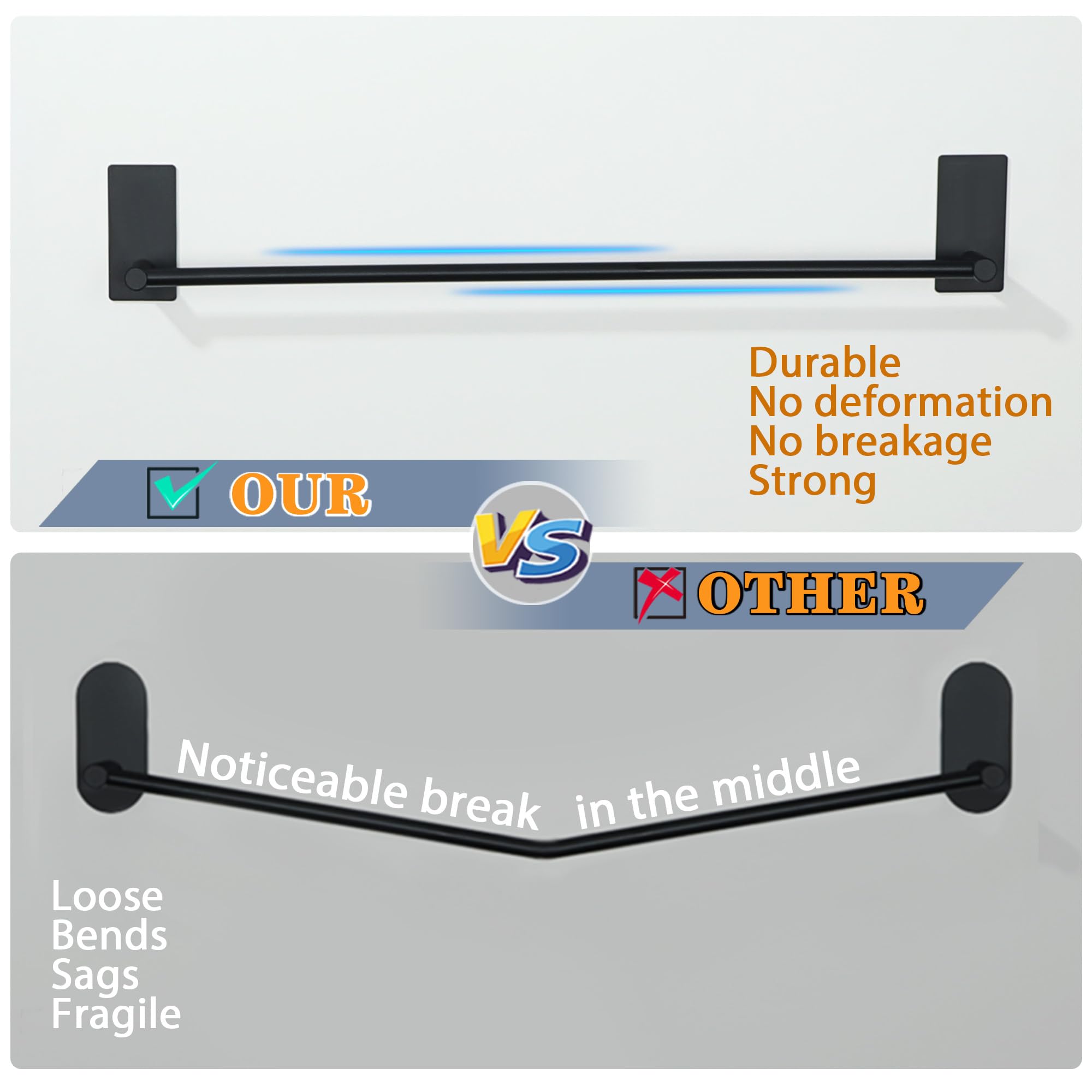 12 Inch No Drill Adhesive Towel Rack - SUS 304 Stainless Steel Bathroom Towel Bar with Strong Adhesion, Rustproof Matte Black Towel Holder for Bath, Kitchen, and Laundry Room Organization