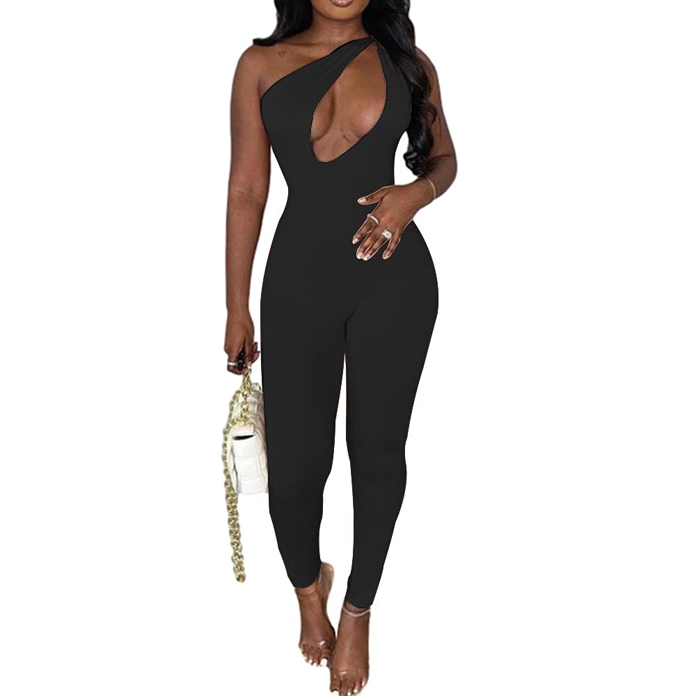 SHESEEWORLD Women's Sexy Cutout Sleeveless One Shoulder Bodycon Jumpsuit - Backless Party Romper for Club, Night Out & Special Occasions