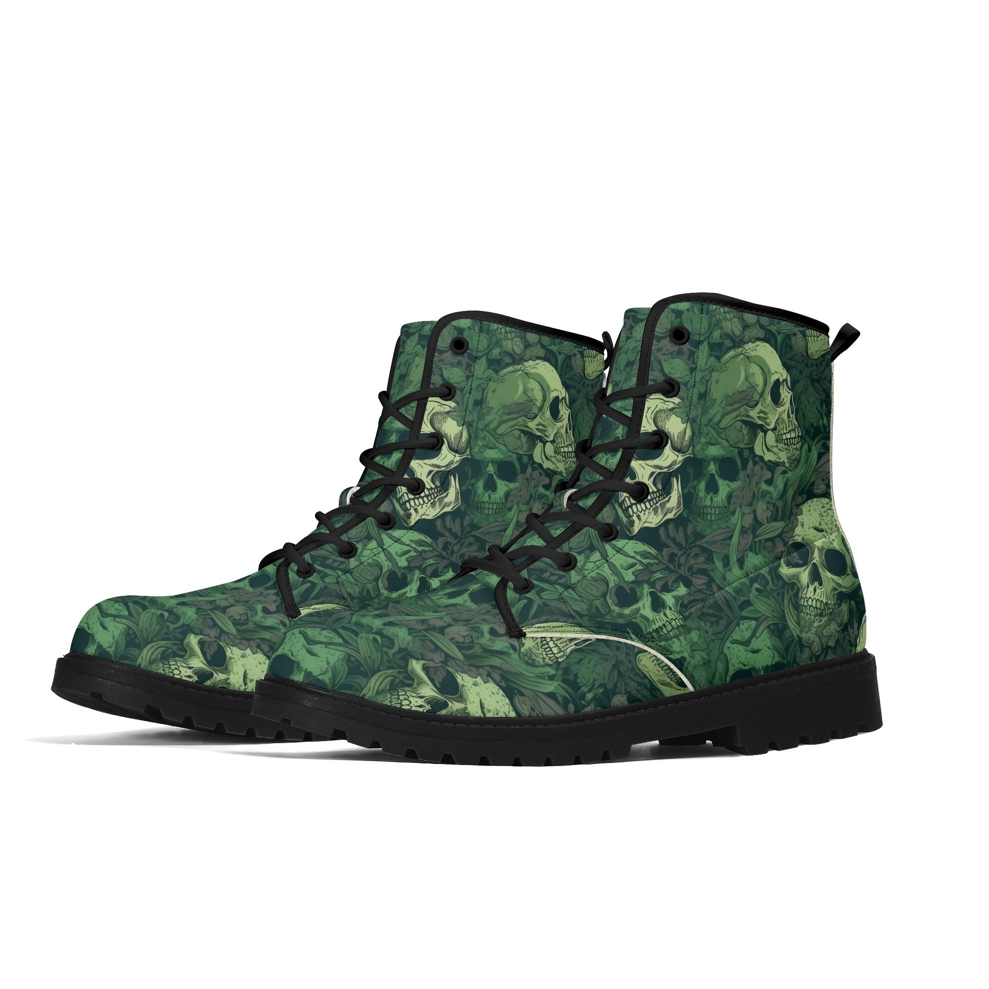 **Men's Green Skull Leather Boots with Black Outsole - Durable & Stylish for Outdoor, Motorcycle & Gothic Fashion**