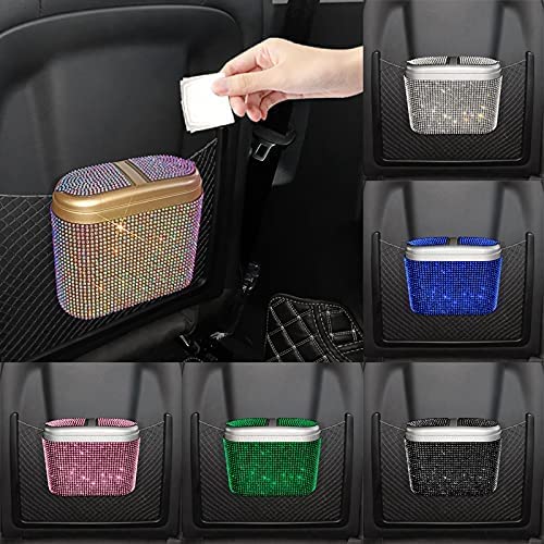 **Sparkling Crystal Car Trash Can with Lid - Hanging Waterproof Auto Garbage Bin for Car, Office, Home & Bedroom - Mini Bling Trash Bag for Desktops & Vehicles (Blue)**    *(Perfect for road trips, daily commutes, office desks, bedrooms, and keeping your space clean & stylish!)*