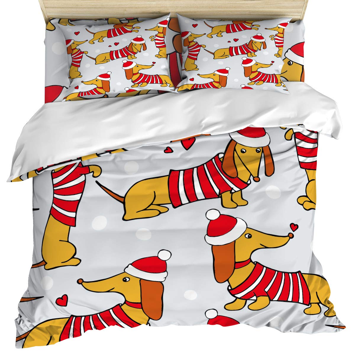 **Cartoon Sausage Dog Christmas Queen Comforter Set – 4-Piece Lightweight Microfiber Duvet Cover with Grey Dot Backdrop – Soft Bedding for Adults & Teens – Perfect for Winter & Holiday Decor**    *(Use Case: Cozy holiday-themed bedroom upgrade for Christmas, winter warmth, and playful pet-inspired decor.)*