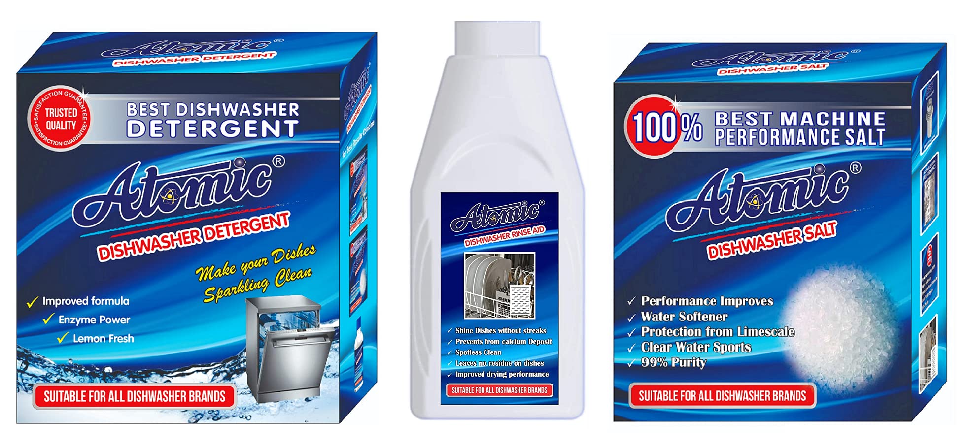 ATOMIC Dishwasher Starter Combo - 900GM Detergent, 900GM Salt & 400ML Rinse Aid | Complete Dishwashing Solution for Sparkling Clean Dishes | Perfect for Home Kitchens & Restaurants