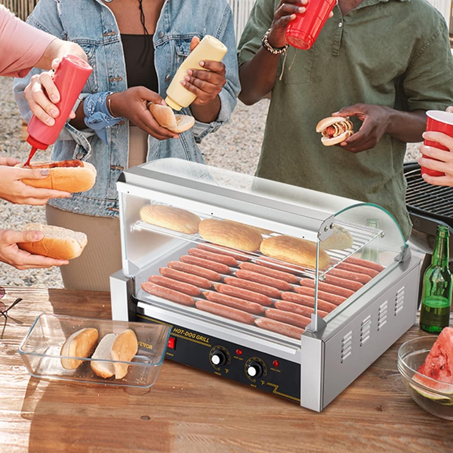 VEVOR Commercial Hot Dog Roller Machine - 30 Hot Dog Capacity, 11 Stainless Steel Rollers, 1800W Electric Sausage Grill with Cover, Dual Temperature Control, LED Light & Removable Drip Tray - Perfect for Restaurants, Food Trucks, Cafeterias, and Home Kitchens