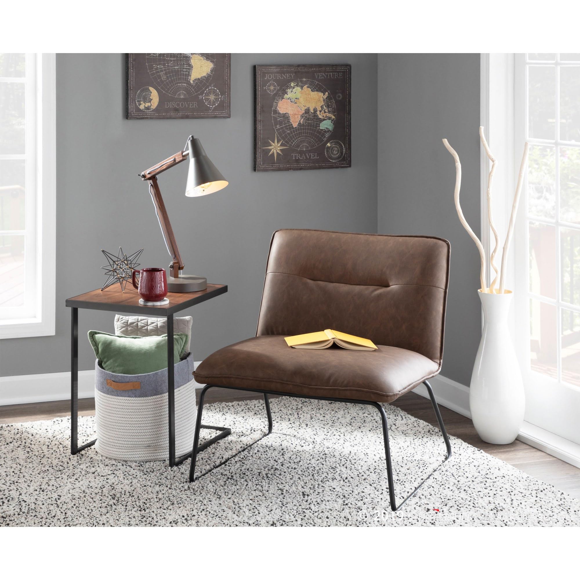 LumiSource Casper Leather Accent Chair - Armless Modern Lounge Chair in Black for Living Room & Bedroom - Industrial Style Comfortable Seating for Home Office, Reading Nook or Apartment Decor
