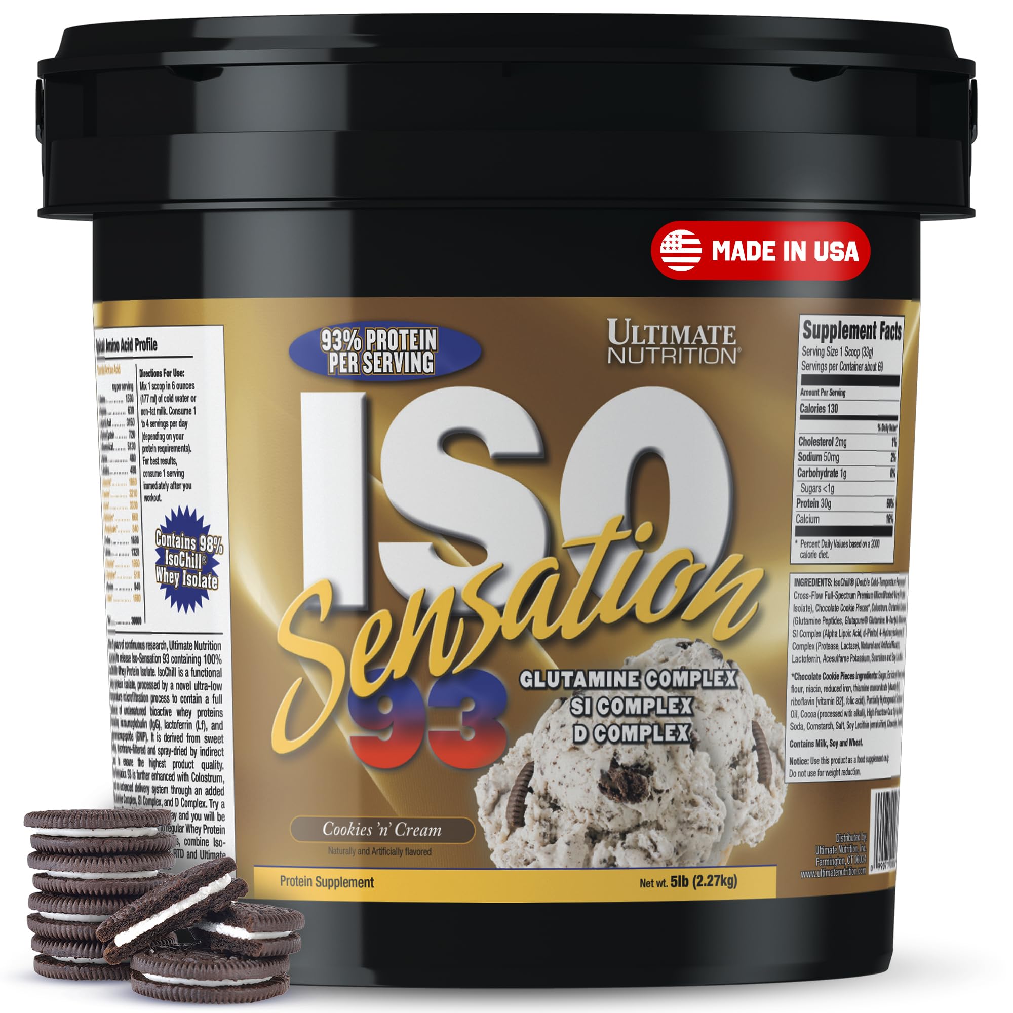 Ultimate Nutrition Whey Protein Isolate Powder with Glutamine Complex - ISO Sensation 93 for Enhanced Recovery, Immunity & Gut Health - Cookies N Cream Flavor, 5lbs - Perfect for Post-Workout, Muscle Building & Healthy Digestion