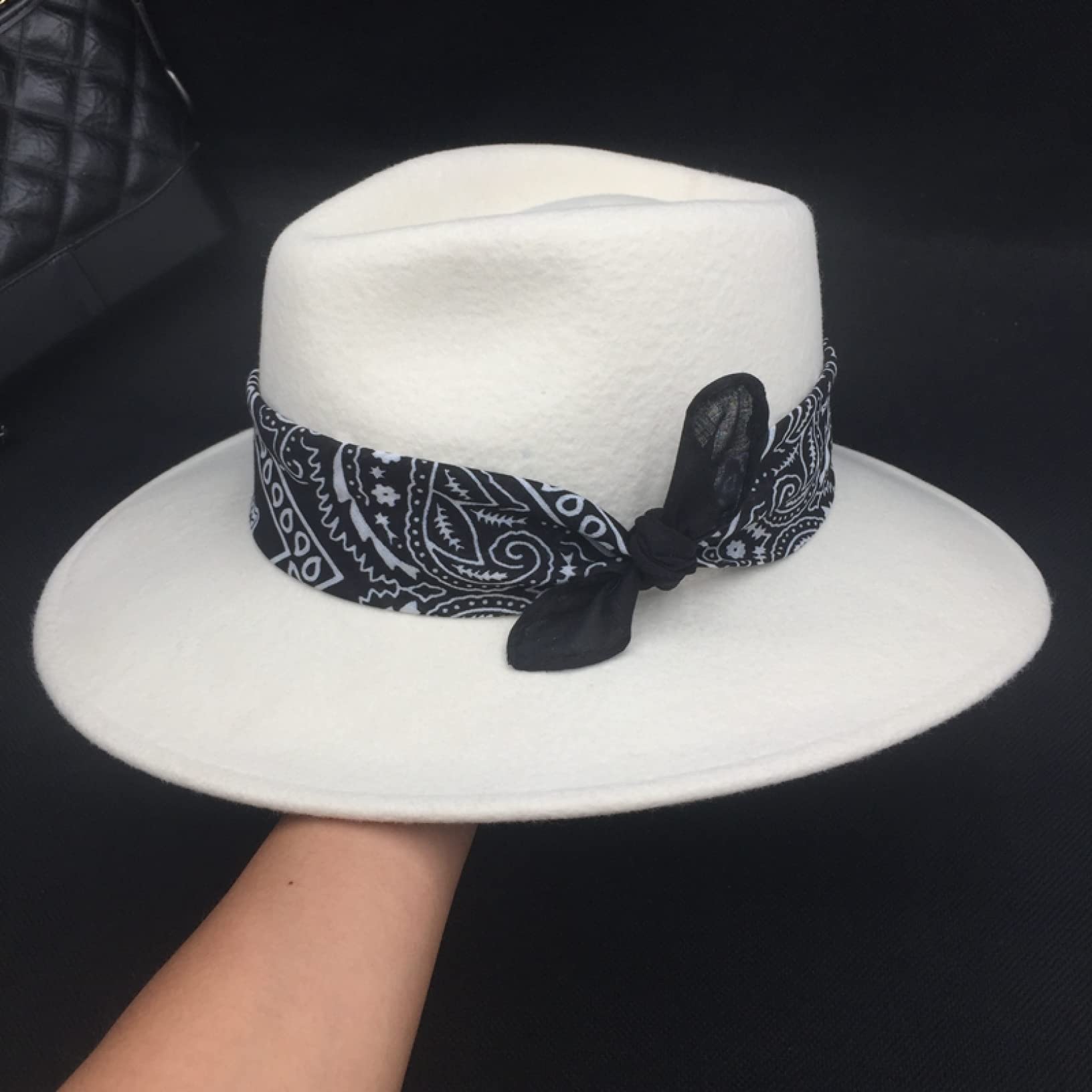 Women's White Wool Fedora Hat with Silk Scarf Belt - Wide Brim Panama Style Winter Top Hat for Ladies | Perfect for Outdoor Events, Weddings & Cold Weather Fashion