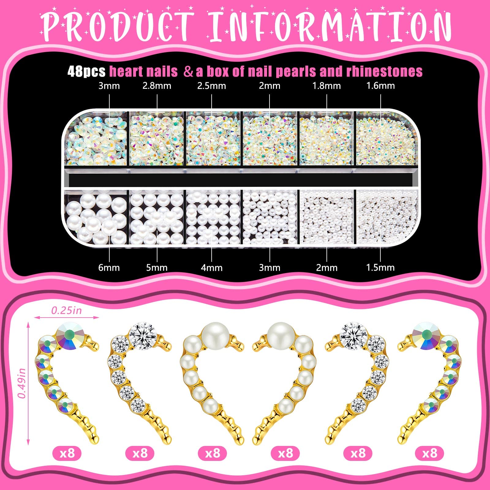 48 Pcs Heart Nail Charms - Flatback Rhinestone Pearls & Crystal AB Gems for DIY Nail Art (3 Styles, Mixed Sizes) - Perfect for Manicures, Nail Decoration, and Gift Giving for Women & Girls