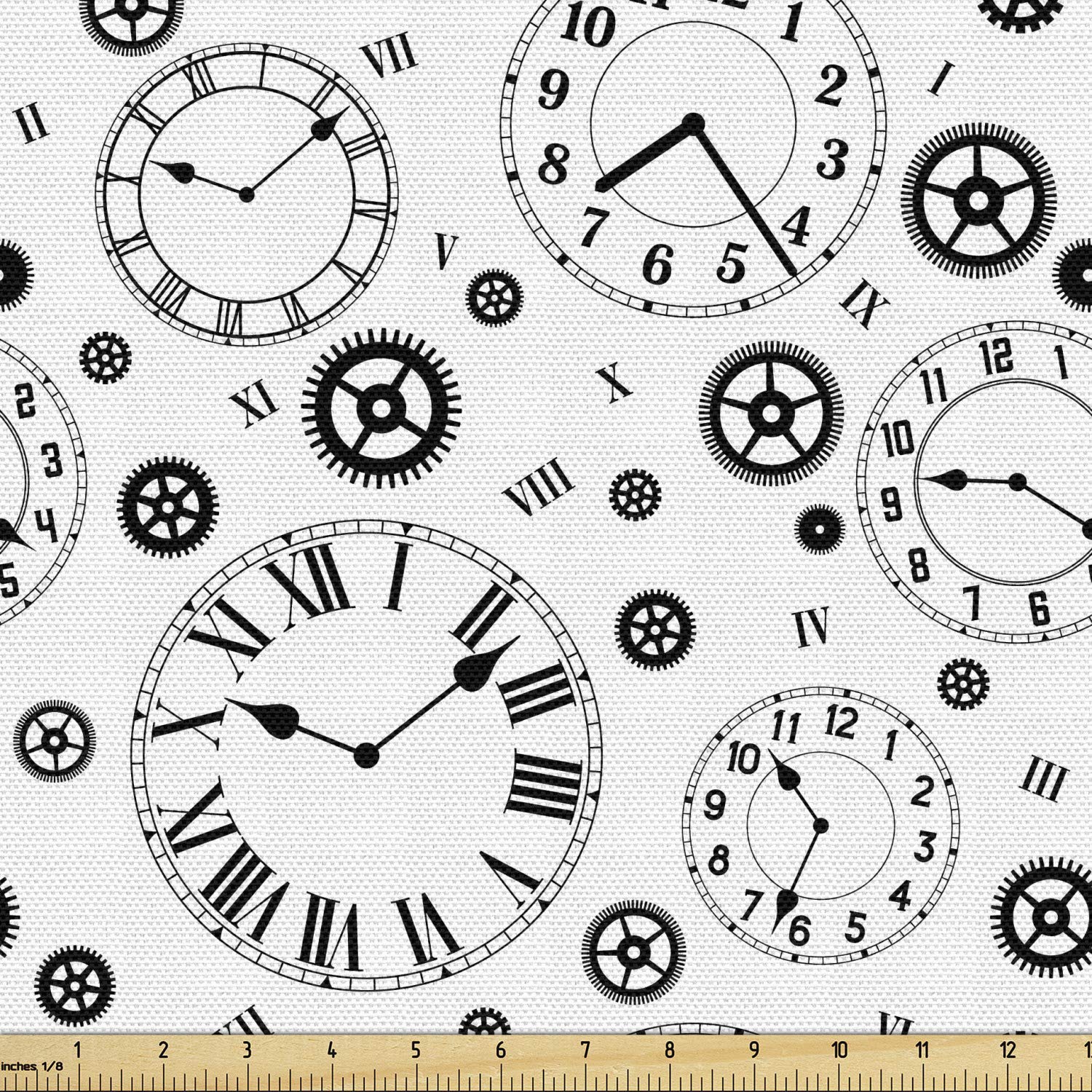 Ambesonne Clockworks Themed Fabric by The Yard - Gears, Roman Numerals & Monochrome Pattern - 10 Yards Black & Ecru for Upholstery, Home Decor & DIY Craft Projects - Perfect for Wall Clocks, Pillows & Table Runners