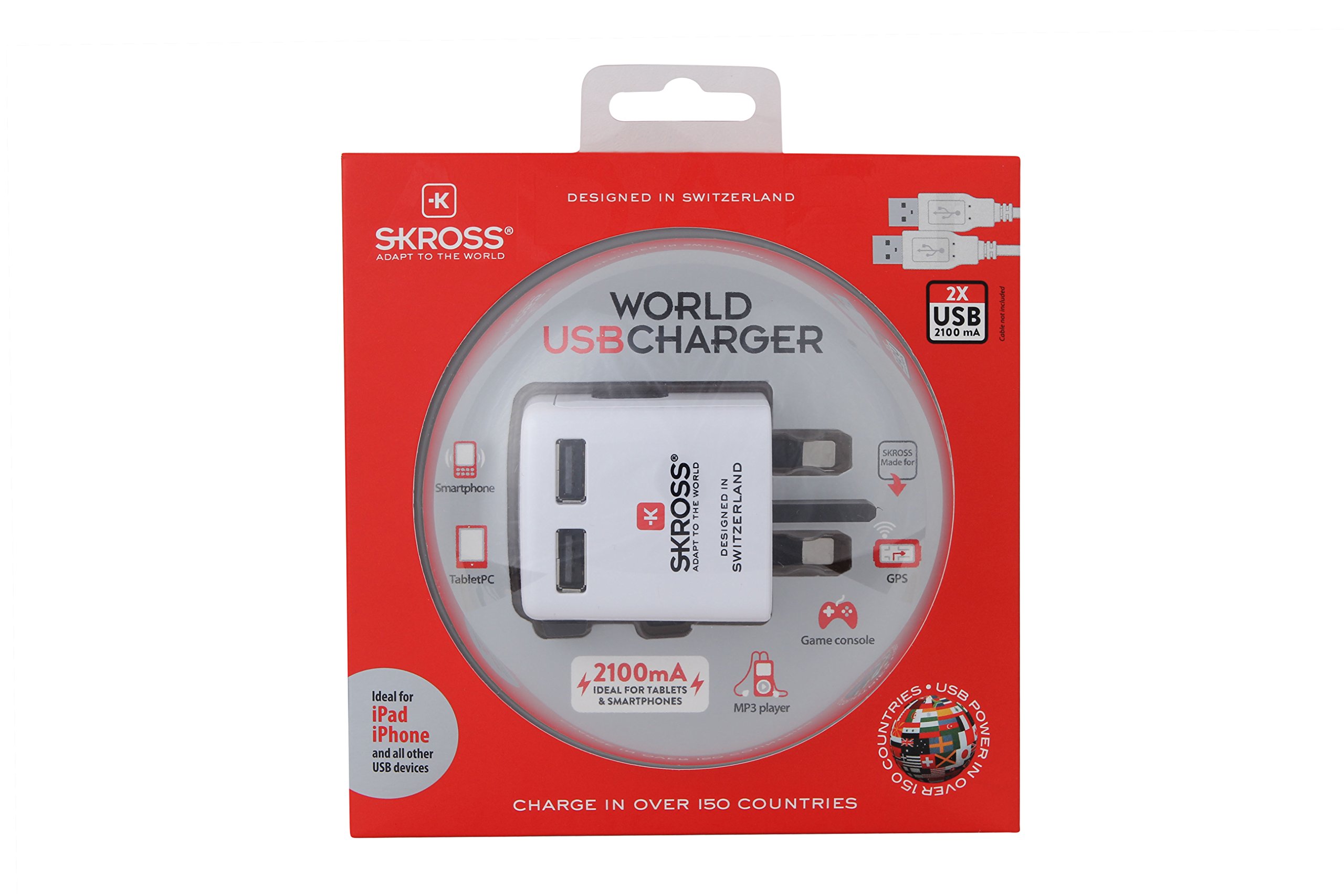 Skross Travel USB Charger - Compact & Fast Charging for iPhone, Android, Samsung - White [SKR1302300] - Perfect for Travel, Office & Home Use