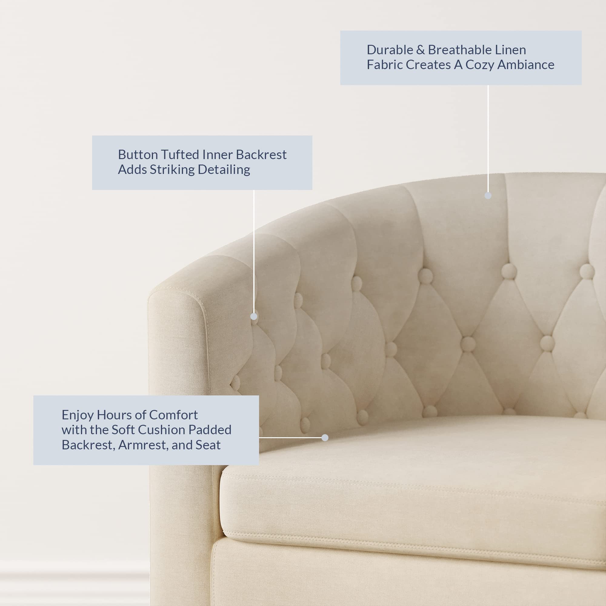 BELLEZE White Accent Chairs for Living Room & Bedroom - Elegant Upholstered Tufted Barrel Armchair with Sturdy Legs & Linen Fabric, Modern Club Chair for Home Office, Lounge & Guest Room (Berlinda, White)