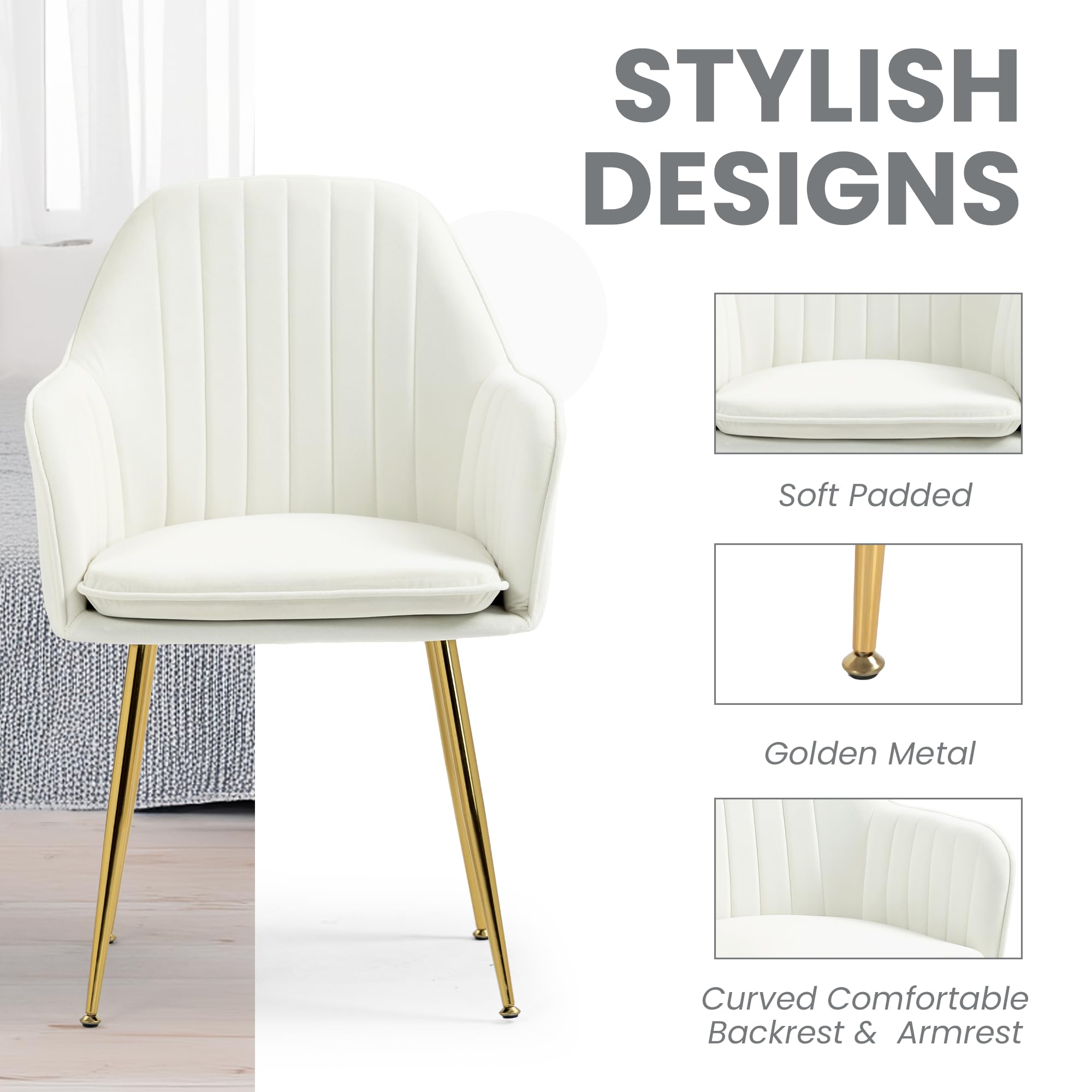ECOTOUGE Velvet Dining Chairs Set of 2 - Modern Upholstered Armchairs with Golden Metal Legs, Mid Century Kitchen & Living Room Accent Chairs in Beige | Perfect for Dining Room, Breakfast Nook & Lounge Area