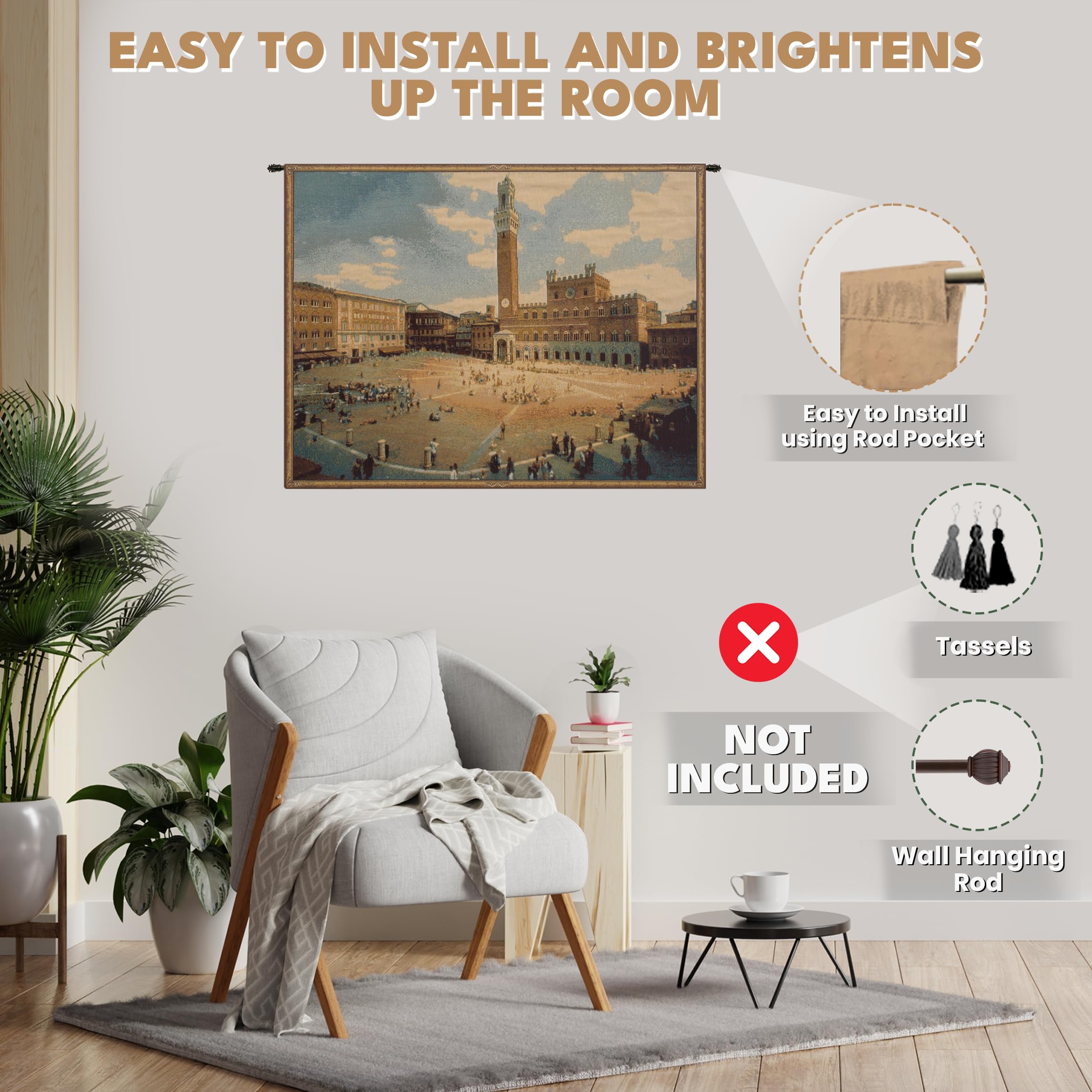 Charlotte Home Furnishings Siena Square Italian Tapestry Wall Art 38x54 Inch - Viscose Cotton Polyester Blend Wall Hanging for Living Room, Bedroom & Dining Room Decor - Elegant European Home Decor Gift