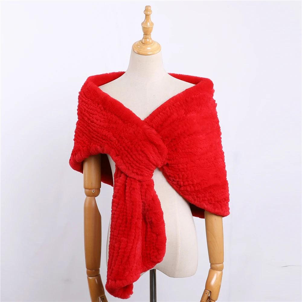 Luxury Hand-Knitted Women's Winter Rex Rabbit Fur Cape Shawl - Warm Elegant Wrap for Cold Weather, Parties & Special Occasions