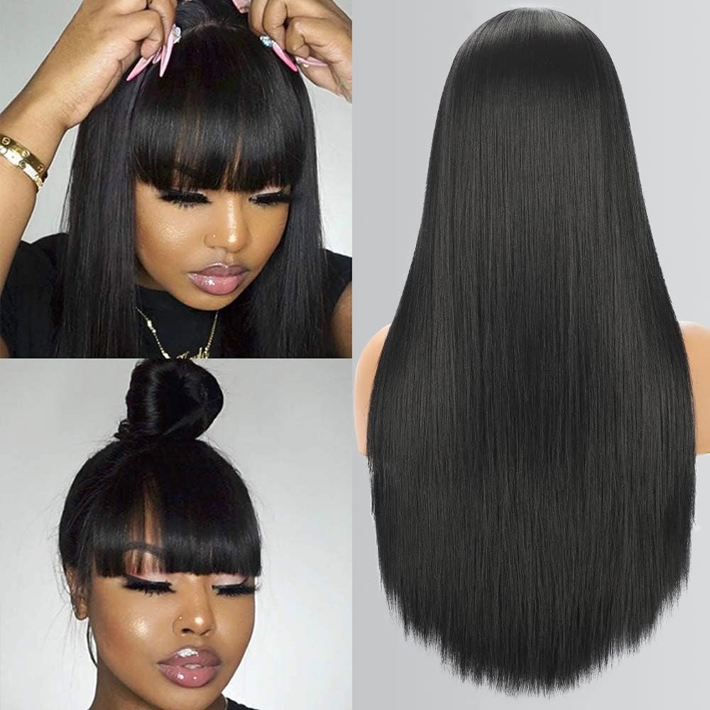 Brazilian Virgin Straight Human Hair Wigs with Bangs - 180% Density Glueless Lace Front Wigs for Black Women (10 Inch, Natural Color) | Machine Made | Perfect for Daily Wear, Parties & Special Occasions