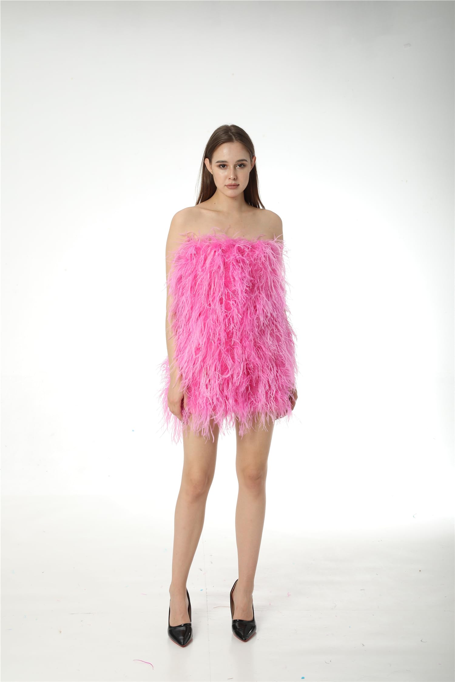 LVCOMEFF Women's Ostrich Feather Off-Shoulder Tube Dress - Elegant Strapless Mini Dress for Party, Wedding, Cocktail & Birthday Events | Perfect for Evening Gala, Date Night & Special Occasions