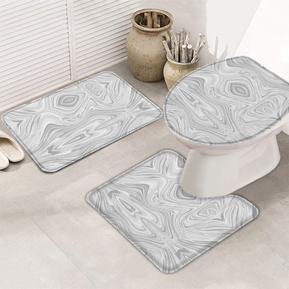 Premium 3-Piece Bathroom Rug Set - Non-Slip Gray Marble Bath Mat, U-Shaped Toilet Mat & Toilet Lid Cover | Absorbent, Washable & Slip-Resistant | Perfect for Bathroom, Powder Room & Home Decor