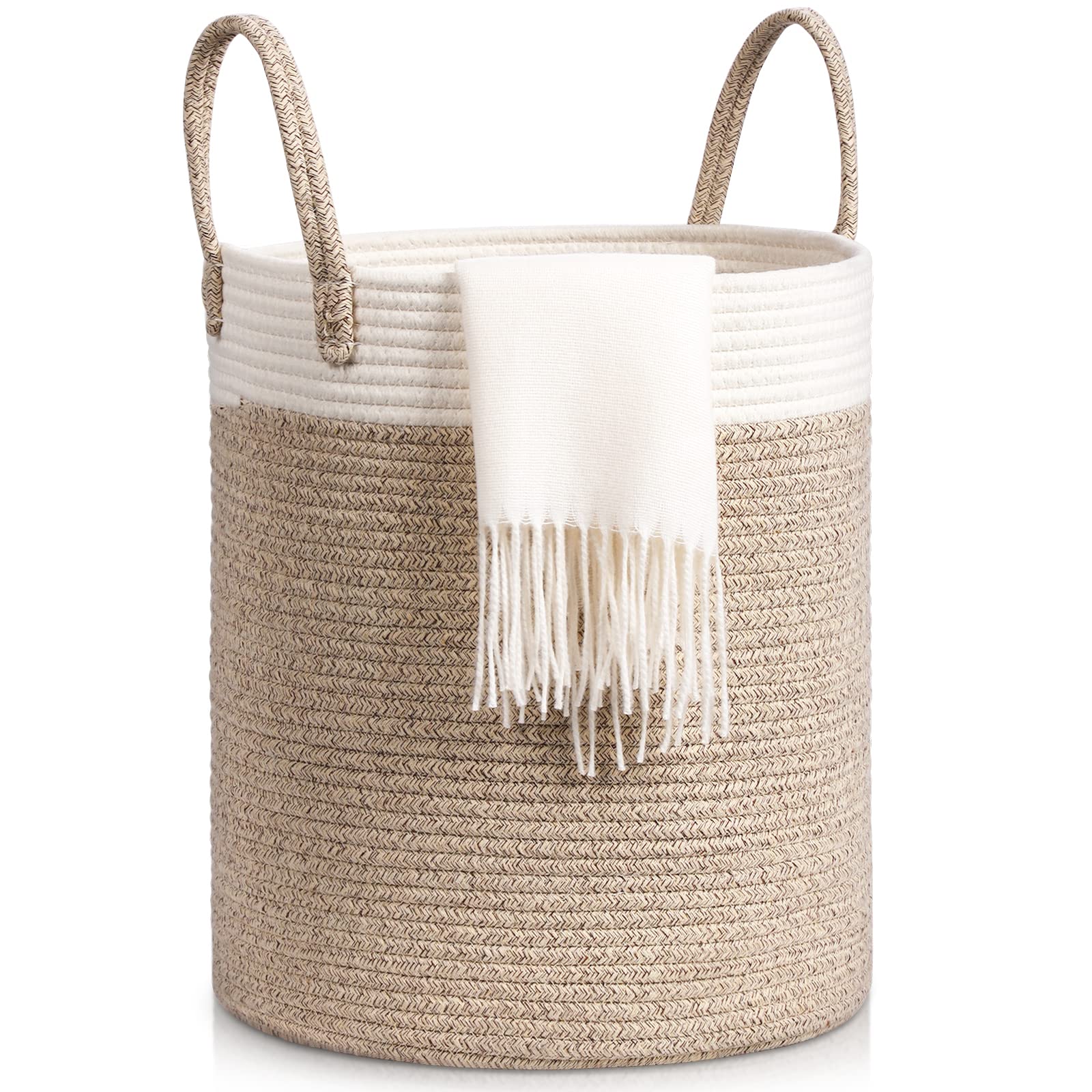 Tesmien Foldable Woven Laundry Basket & Toy Storage Organizer - Large Cotton Rope Hamper with Handles for Nursery, Baby Room Decor (35x40cm, Khaki+White) - Perfect for Kids' Toys, Blankets & Clothes Storage