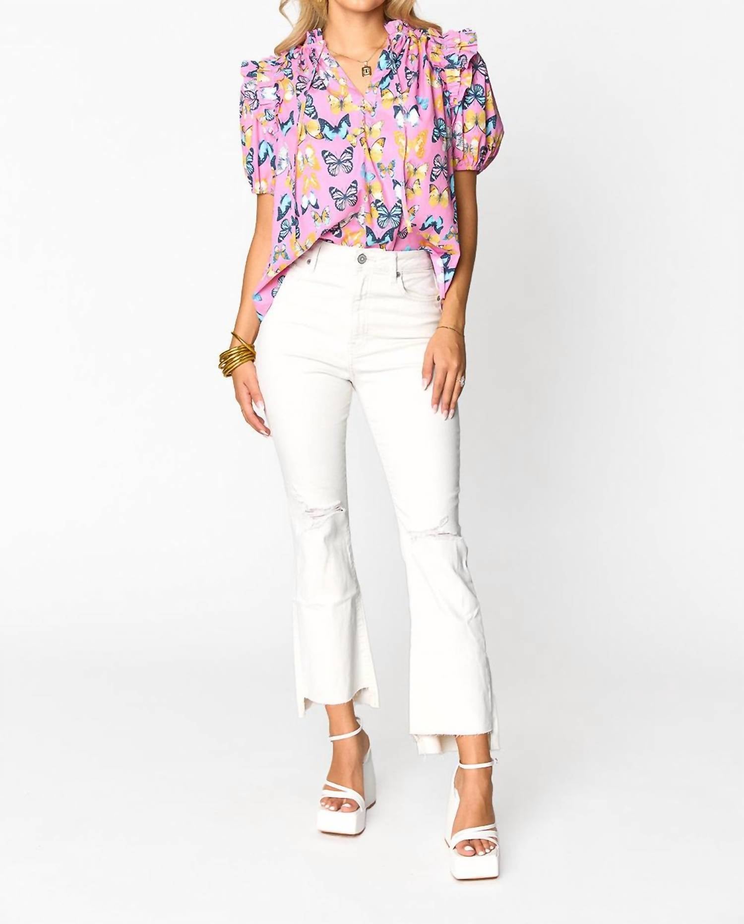 Elegant Pink Butterfly Blouse - Women's Floral Print Top for Spring & Summer | Perfect for Casual Outings, Date Nights & Office Wear
