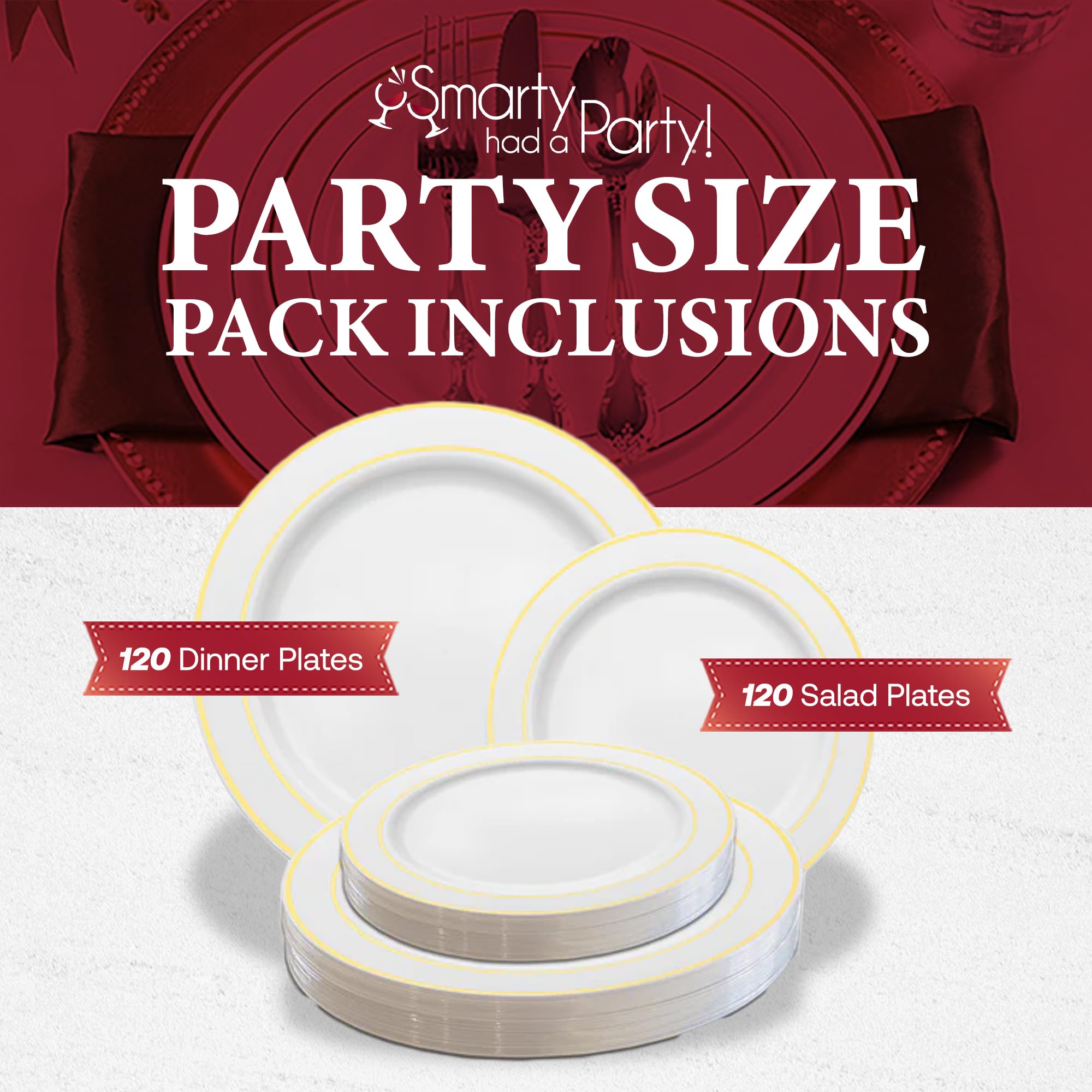 Premium 240-Pack Disposable Plastic Plates Set - 120 Heavy Duty White Gold-Rimmed Dinner Plates + 120 Elegant Dessert Plates for Wedding, Birthday Party, Catering & Special Events - Durable & Stylish Tableware for Any Occasion