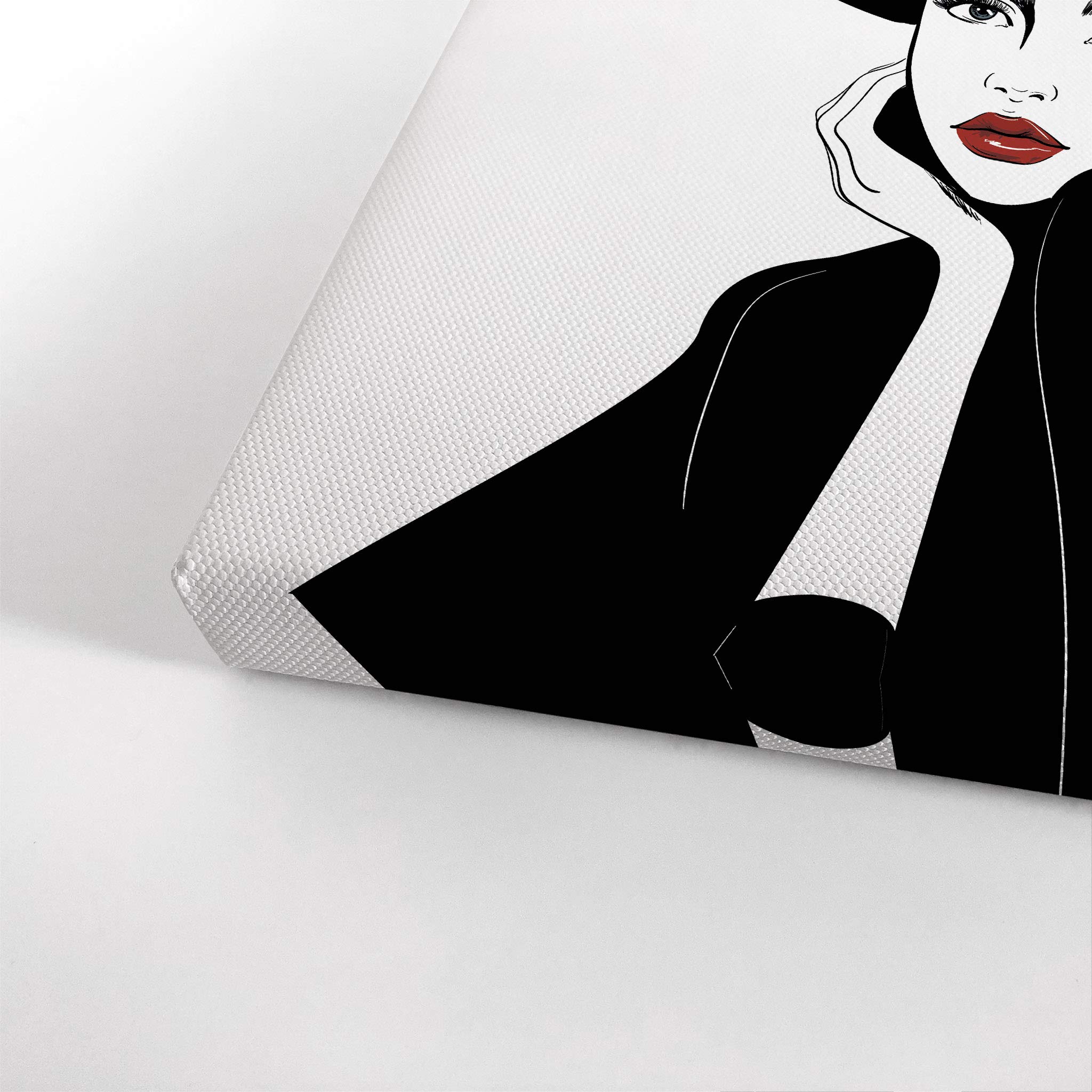 Modern Woman with Black Hat & Red Lips Glam Fashion Canvas Print - Wall Art for Office, Bathroom, Teen Girls Room, Women's Dorm, Bedroom & Living Room Decor - Ready to Hang 40x30 Inches - Perfect for Home & Office Aesthetic Enhancement