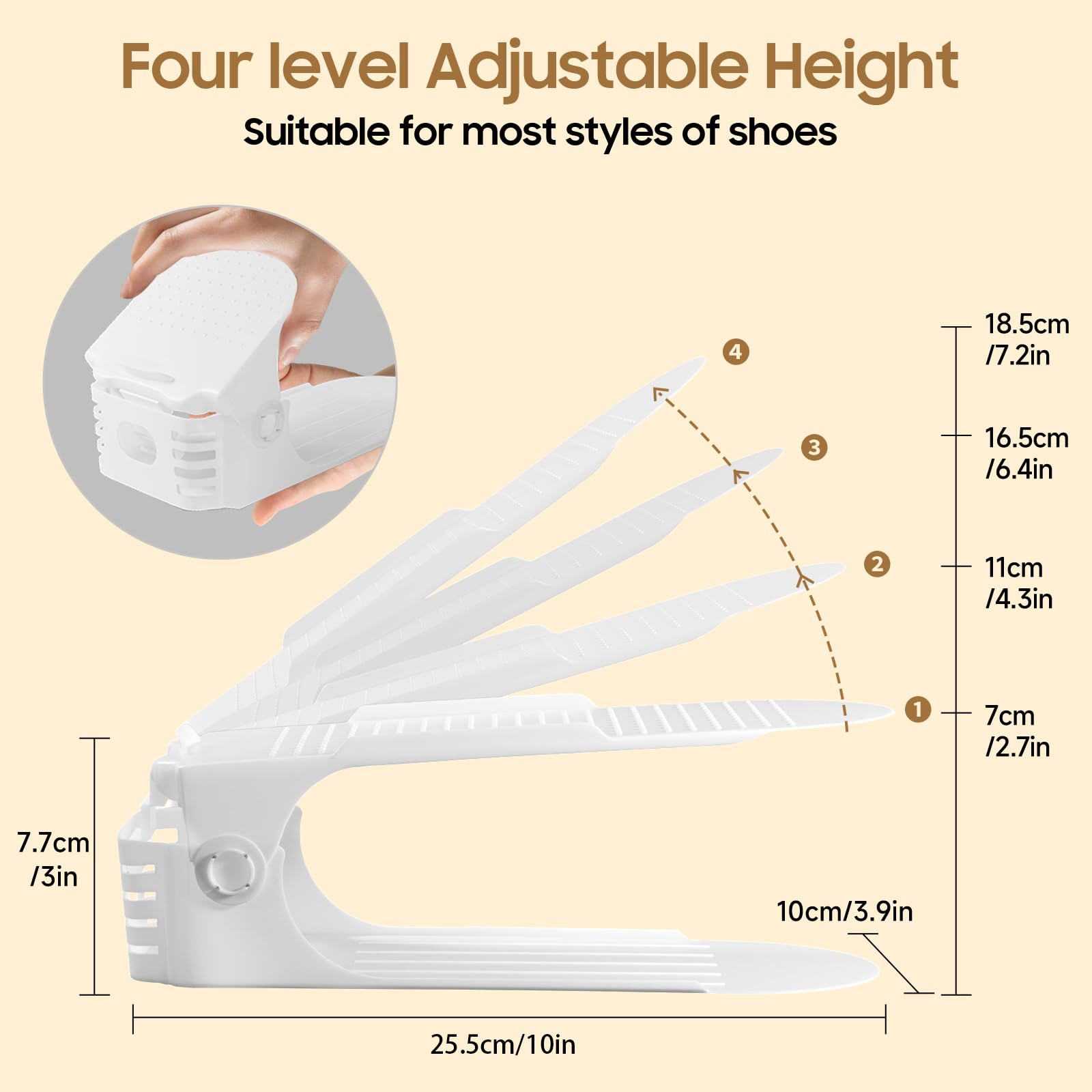 QINGUANG 20 Pack Adjustable Shoe Organizer - 4 Height Double Layer Shoe Stacker Space Saver for Closet Storage (White) | Perfect for Small Spaces, Apartment Organization & Shoe Display