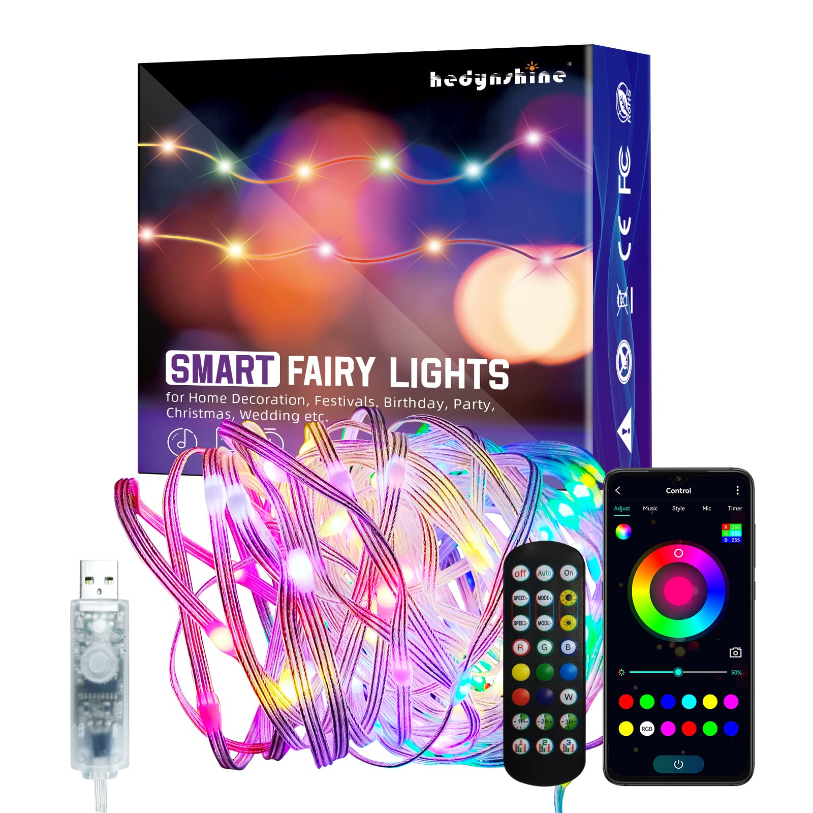 HEDYNSHINE 50ft Smart LED Fairy Lights - USB Powered, APP & Remote Control, Music Sync, 16 Million Colors - Perfect for Christmas Decor, Bedroom, Wedding & Party Lighting