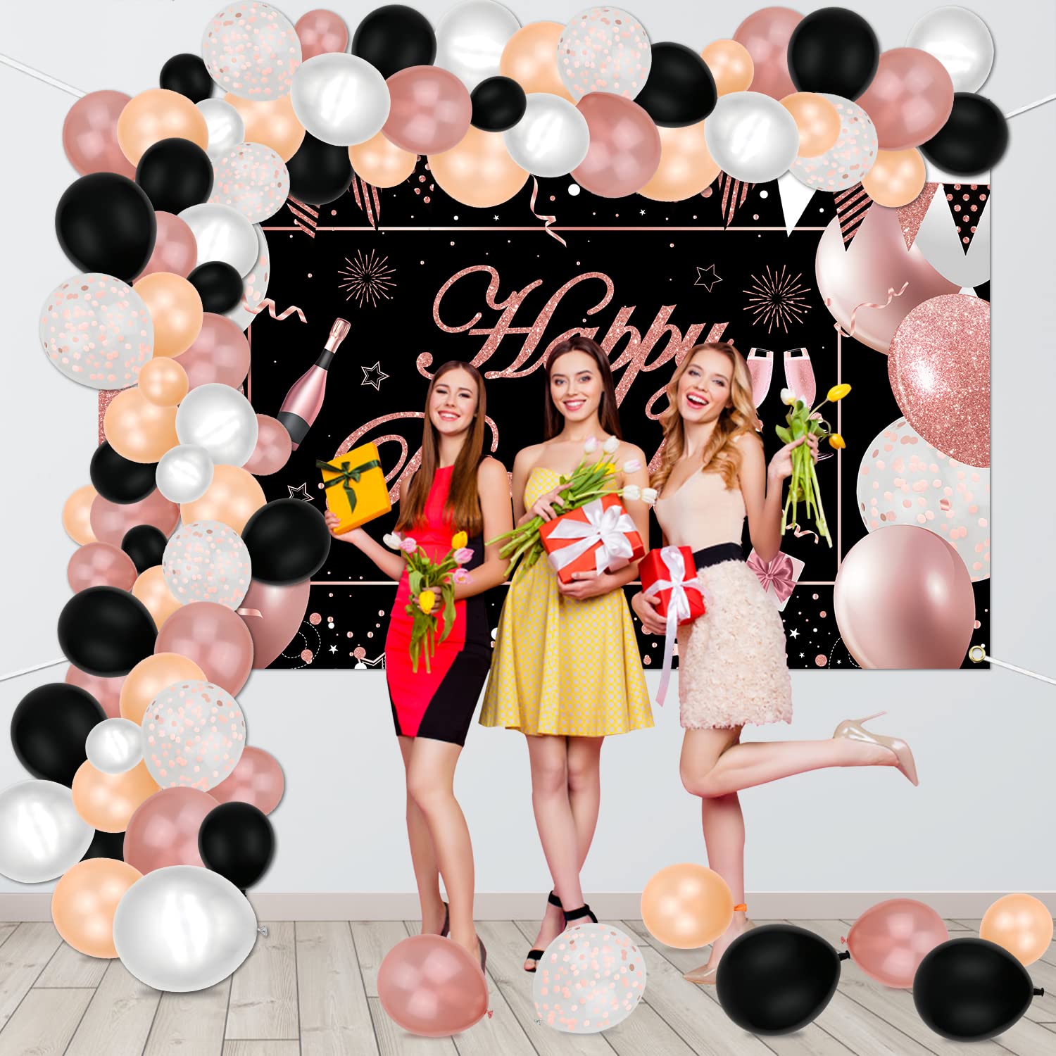 Rose Gold and Black Party Decorations Set - Elegant Backdrop Banner, Tablecloth, Balloon Columns, Latex & Foil Balloons for Women's Birthday, Bridal Shower, Anniversary & Bachelorette Party Decor
