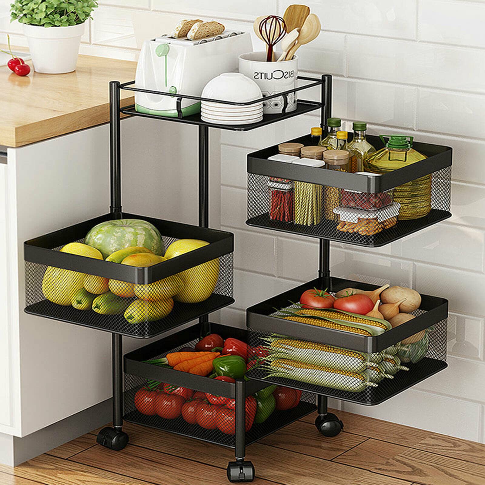 TFCFL DENESTUS 4-Tier Square Kitchen Shelf - Rotating Storage Rack for Vegetables, Spices & Pantry Items - Space-Saving Floor Standing Organizer for Kitchen, Living Room & Bathroom - Durable Multi-Layer Household Storage Solution for Small Spaces