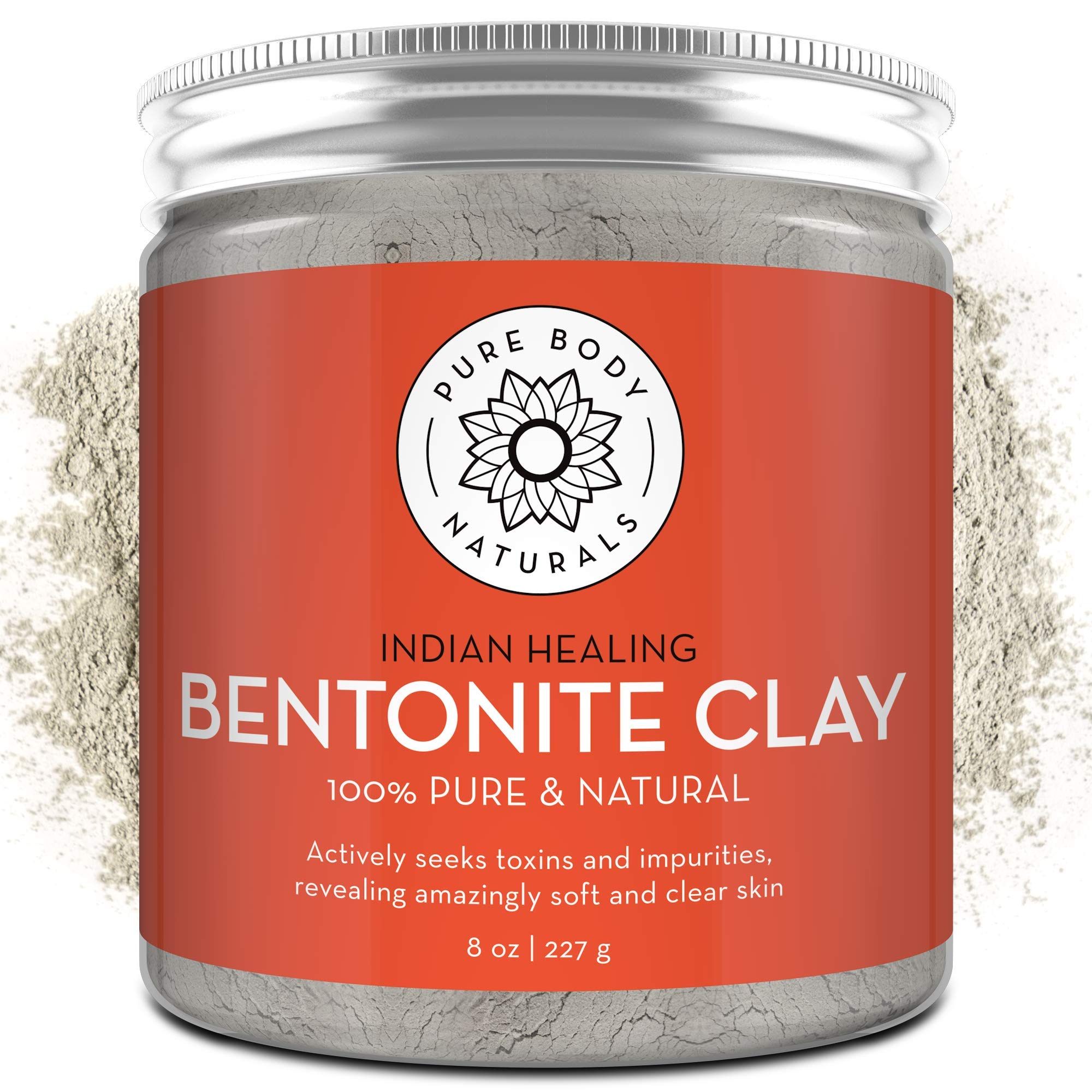 Pure Body Naturals Bentonite Clay Powder - 8.0 oz | DIY Detox Face & Body Mask | Deep Pore Cleansing | Indian Healing Clay for Women | Perfect for Spa Day, Skin Detox & Armpit Purification