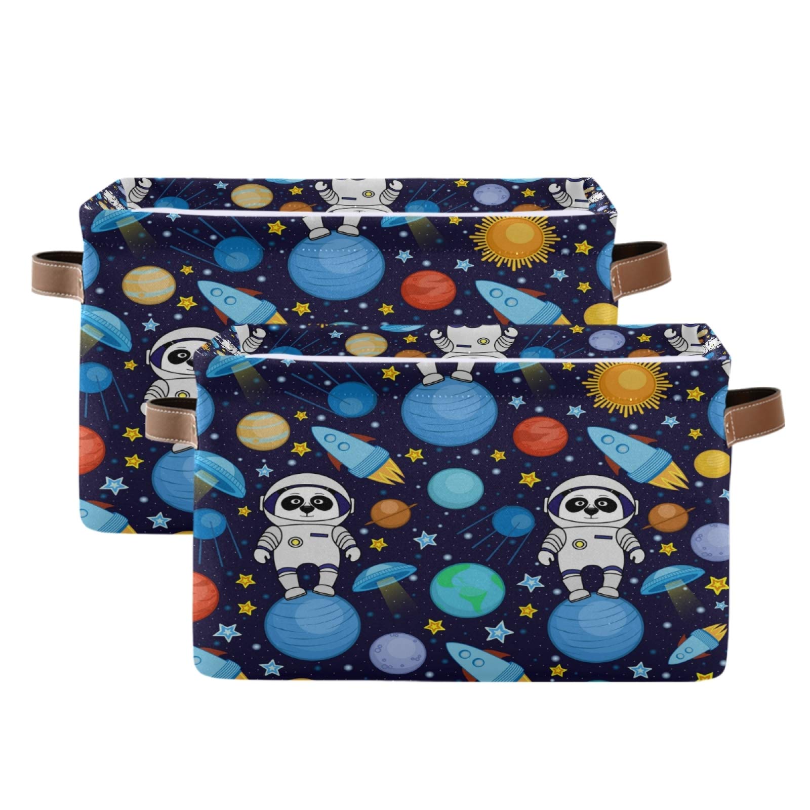 AUUXVA Collapsible Canvas Storage Basket with Panda Astronaut & Space Design - Durable Toy Organizer Bin with Handles for Bedroom, Closet, Office & Kids Room | Space-Themed Storage Solution for Toys, Books & Home Organization