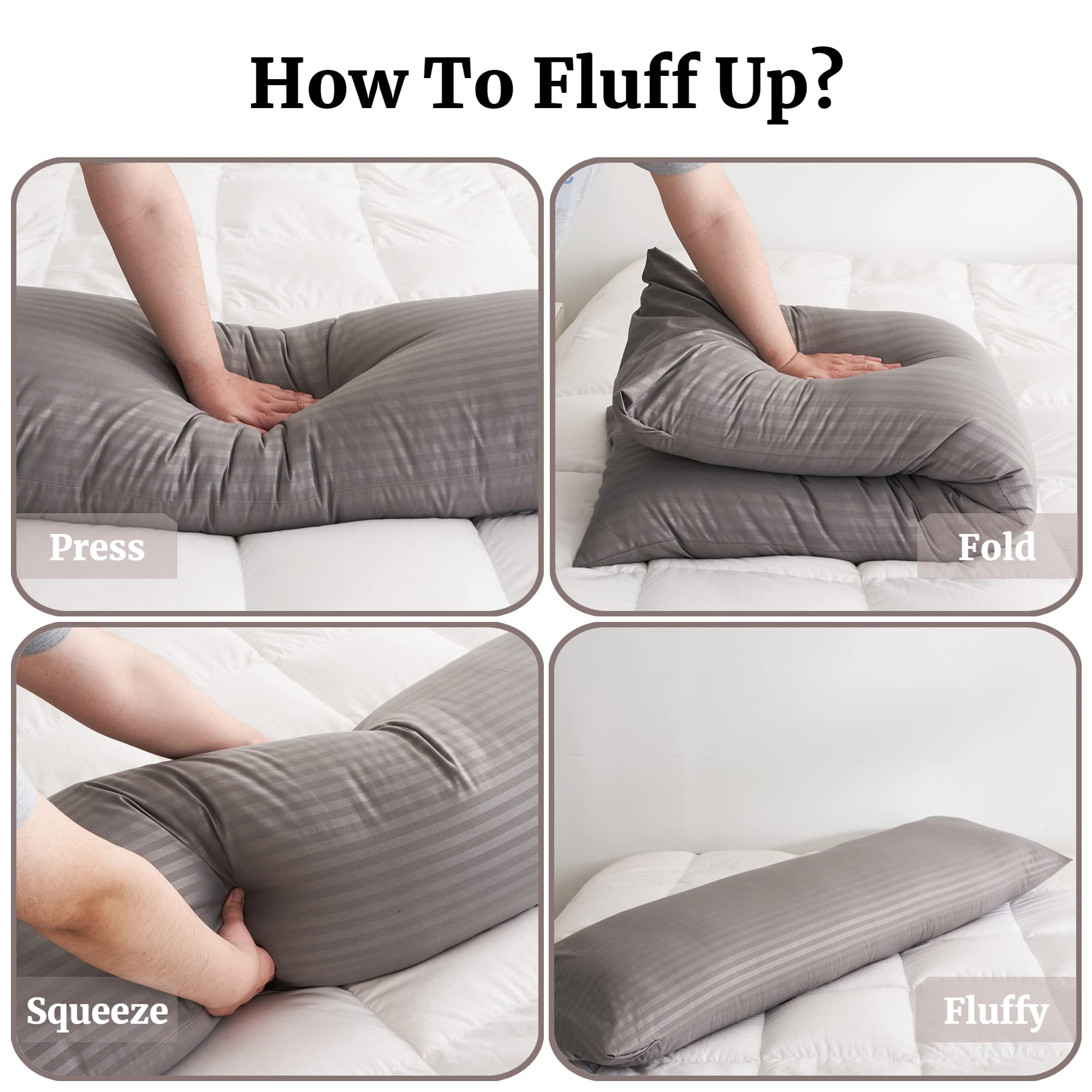 ELNIDO QUEEN Full Body Pillow for Adults - 20x54 Inch Long Bed Pillow with Dark Gray Stripe Cover, Orthopedic Support for Side Sleepers & Back Pain Relief - Perfect for Pregnancy, Couch Lounging & Home Comfort