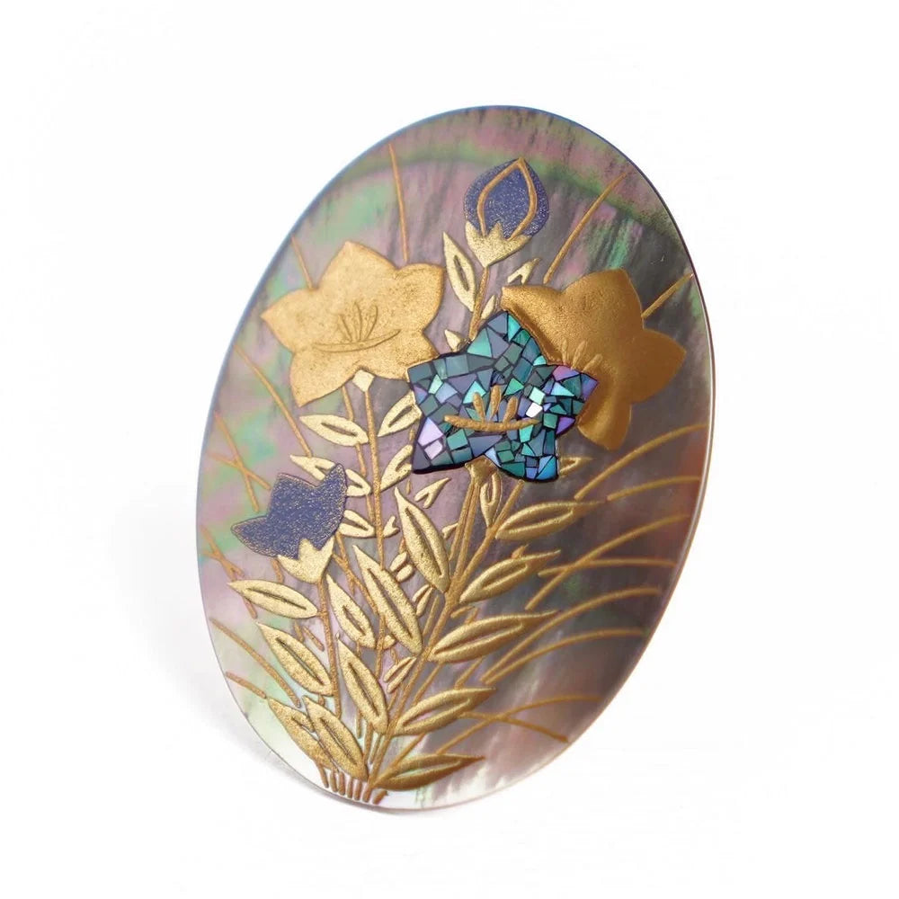 Handmade Maki-e Urushi Lacquer Brooch - Black Lip Pearl & Bellflower Design | Traditional Japanese Lacquer Jewelry for Women | Perfect for Kimono, Formal Wear & Special Occasions