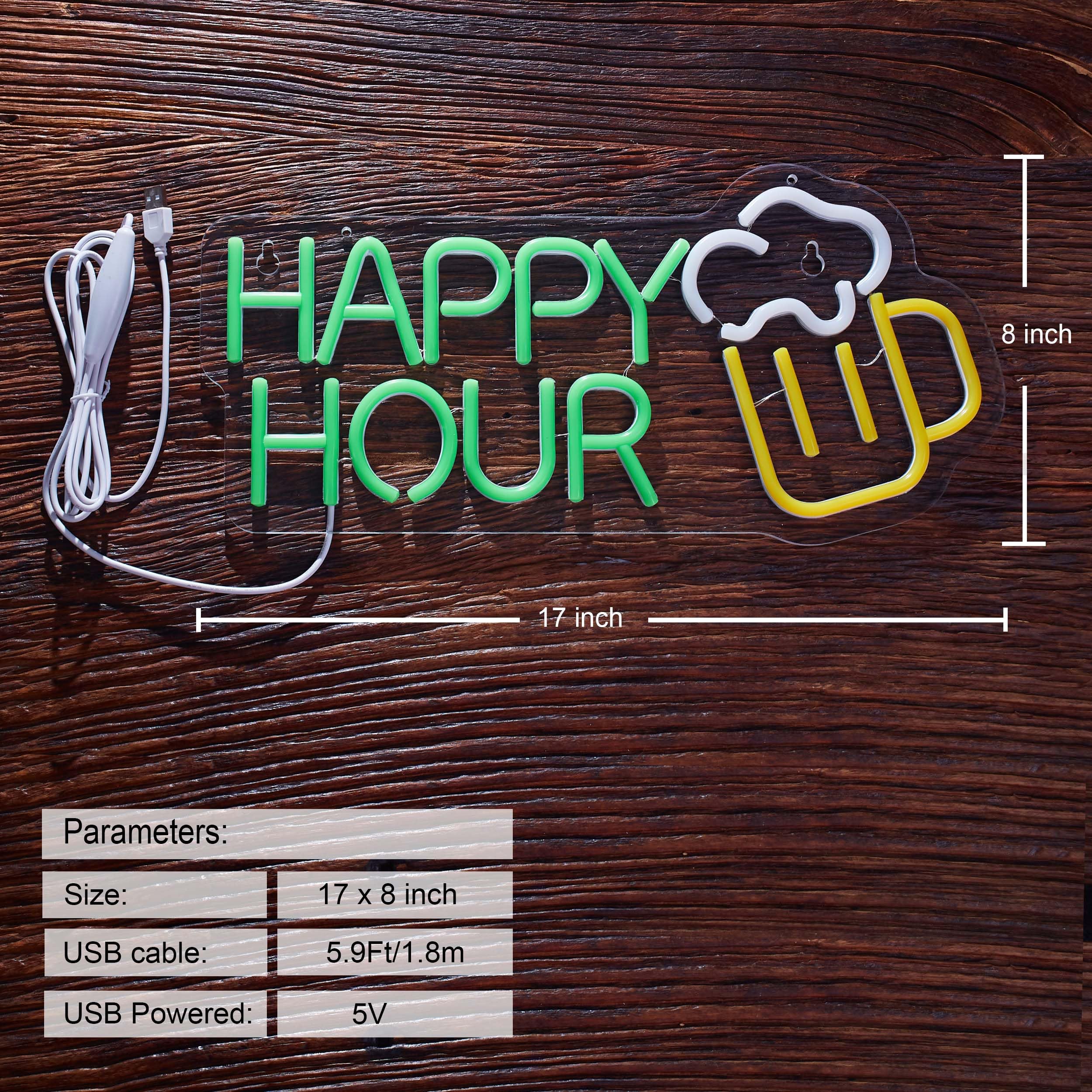 Roouneon Happy Hour Neon Sign - 17x8 Inch Dimmable LED Beer Bar Light for Club, Bedroom, Office, Hotel, Pub, Cafe, Wedding & Birthday Party Decor - Perfect for Man Cave, Wall Art & Nightlife Ambiance