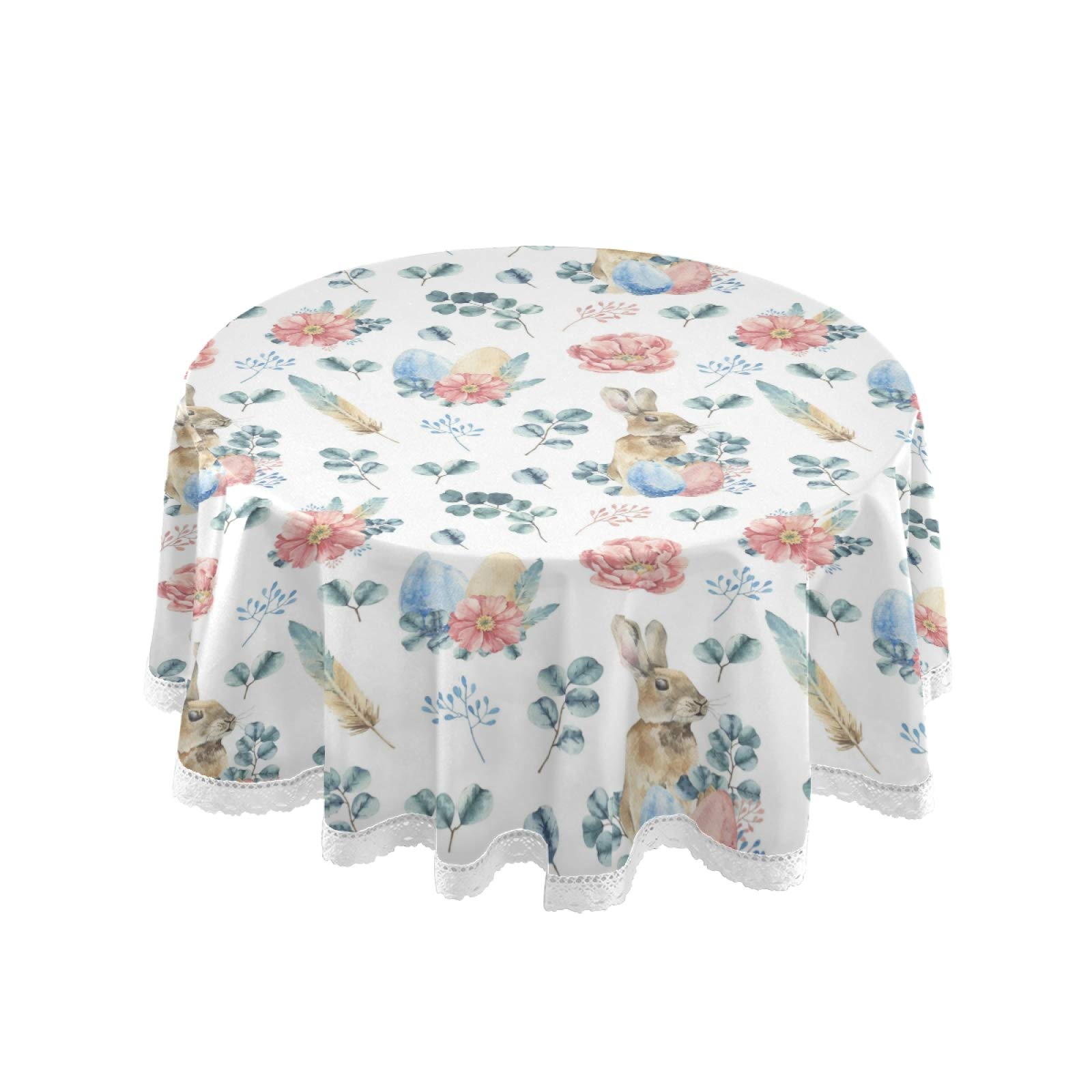 Happy Easter Round Tablecloth - 60 Inch Pink Spring Floral Design with Rabbits & Eggs, Washable Polyester Kitchen Table Cover for Party, Picnic, Dining Room Decor | Perfect for Easter Celebrations, Spring Gatherings & Holiday Meals