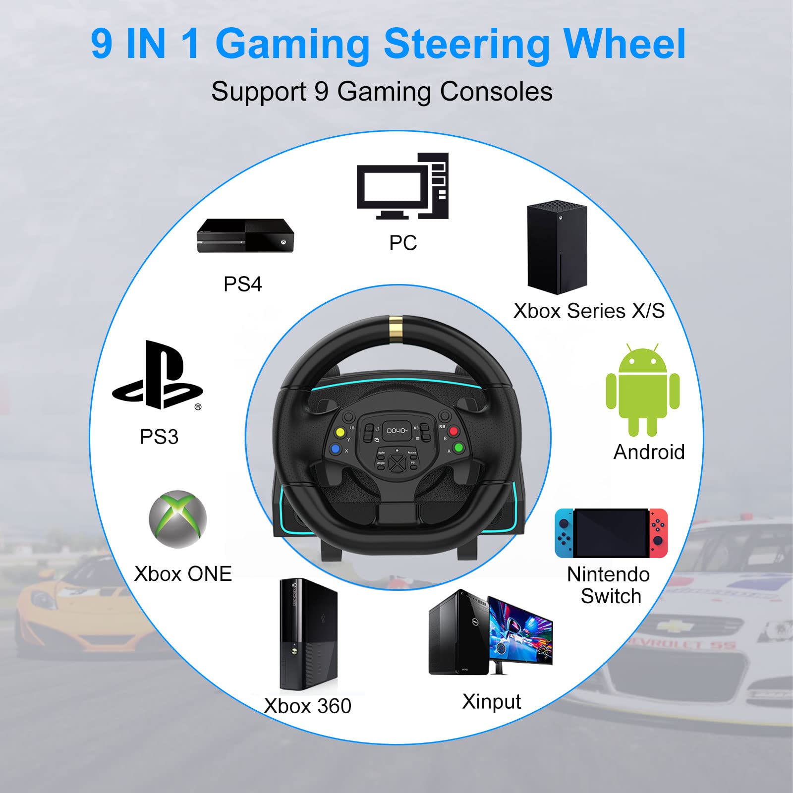 DOYO 1080° Gaming Steering Wheel with Pedals & Shifter - 6+1 Speed Gear Shift, Force Feedback Racing Wheel for PC, PS4, PS5, Xbox One, Xbox Series X, Nintendo Switch - Perfect for Racing Simulators & Gaming Setups
