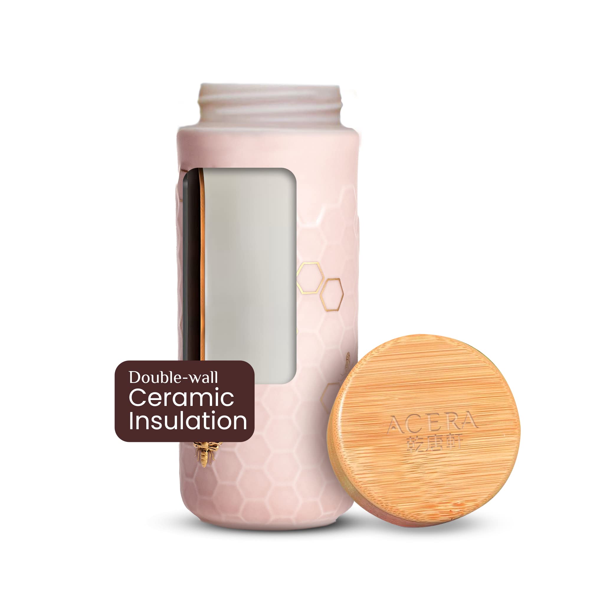 ACERA Liven Honey Bee Ceramic Travel Mug - 16oz Insulated Tumbler with Leak-Proof Lid, Double-Walled Ceramic Coffee Cup for Tea, Juice & Hot/Cold Drinks - Pink & Gold Design - Perfect for Office, Travel & Outdoor Activities