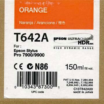 Epson T642A00 150ml Ultrachrome HDR Orange Ink Cartridge for Epson 7900/9900 Printers - High-Quality Photo Printing, Graphic Design & Fine Art Reproduction