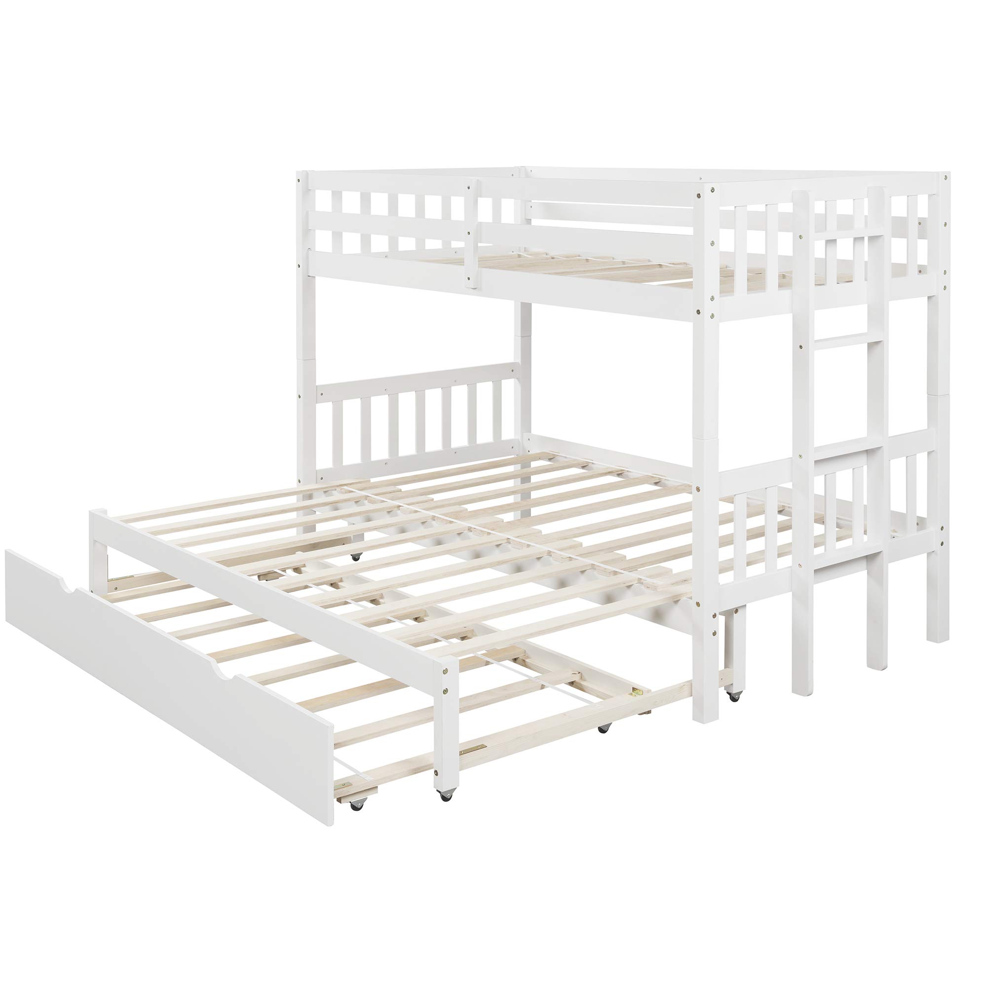 **White Twin Over Pull-Out Bunk Bed with Trundle - No Spring Box Needed, Space-Saving Floor Bunk Bed for Kids, Teens & Guest Rooms**    *(Perfect for small bedrooms, vacation homes, dormitories & shared kids' rooms – maximizes space with stylish functionality!)*