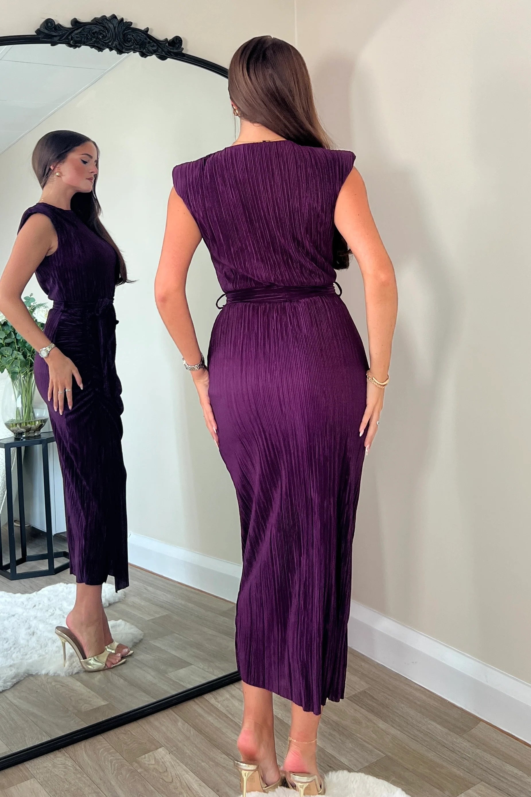 Elena Ruched Seamed Midi Dress for Women - Elegant Purple Bodycon Dress for Party, Wedding & Date Night