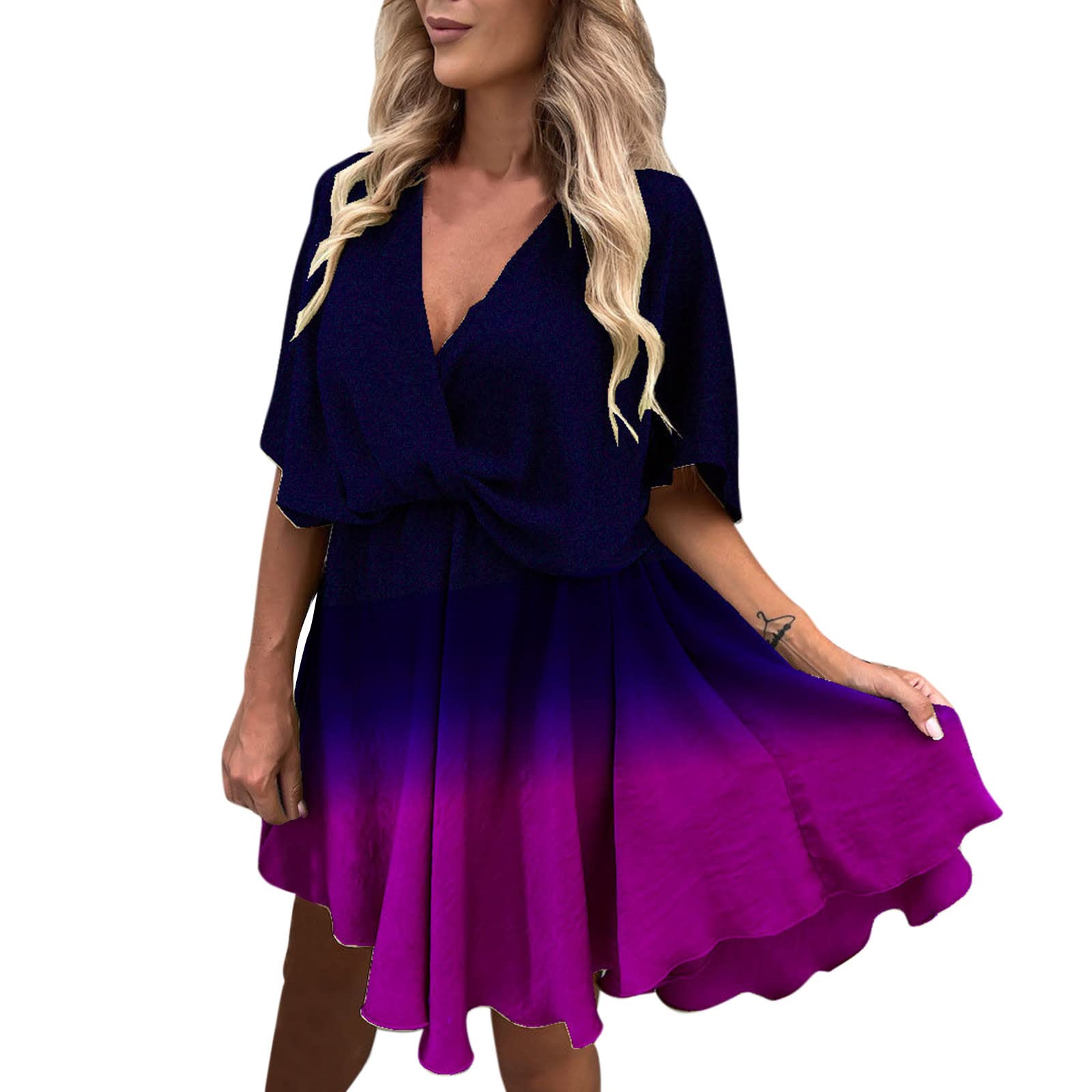 Elegant Formal Dresses for Older Women - Flowy Batwing Sleeve Mini Dress with Overlap Print Design | Perfect for Summer Beach, Casual Parties, and Special Occasions