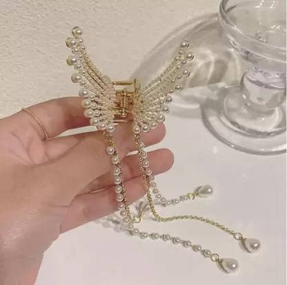 ALIBA COLLECTION Elegant Tassel Pearl Butterfly Hair Clip - Metal Hair Claw for Women - Hair Accessory Set for Bridal, Prom, Party & Special Occasions