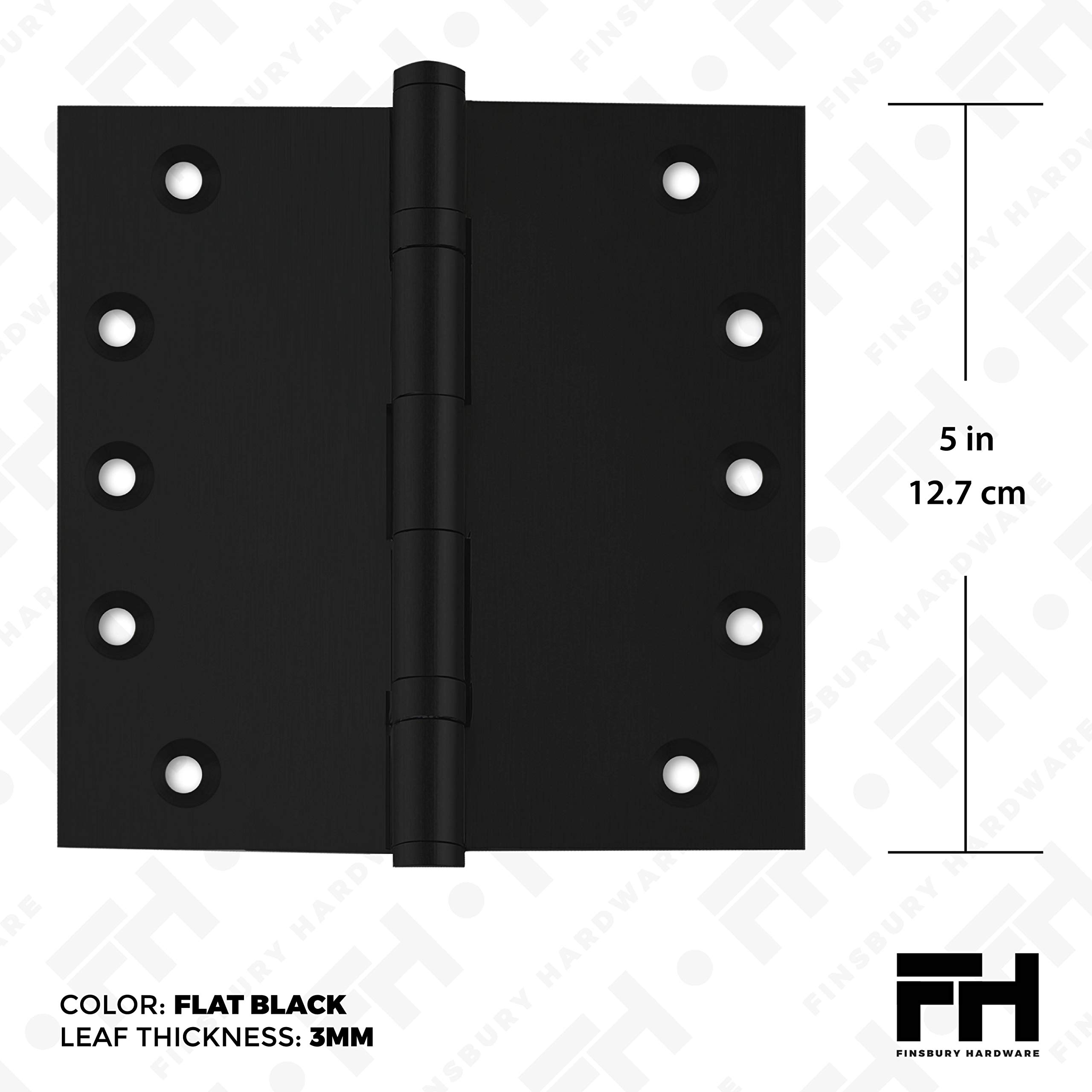 Heavy Duty 5x5 Inch Matte Black Ball Bearing Door Hinge Set of 3 - Solid Brass Construction with Decorative Screw-on Tips - Perfect for Interior/Exterior Doors, Cabinets, and Furniture (Flat Black Finish)