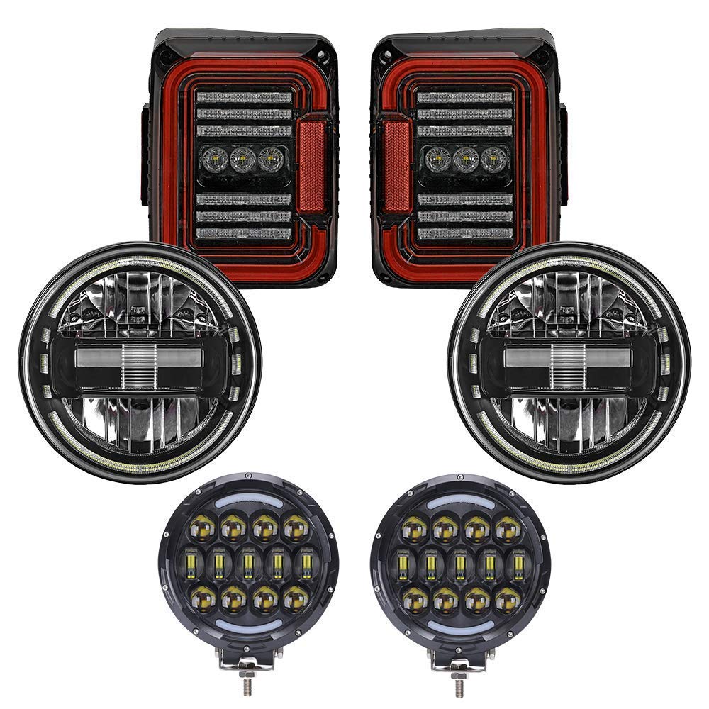 105W LED Work Light Bar with 7 Inch Headlights & JK Tail Lights - Heavy Duty Off-Road Lighting for Trucks, Jeeps, ATVs (Ideal for Night Driving, Camping, Construction Sites)